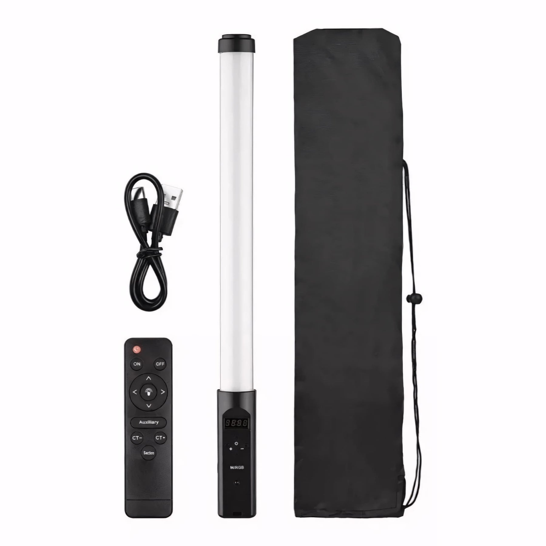 Luz LED portátil RGB de 50 cm com 5 modos de cor, controle remoto, cabo USB e bolsa de transporte. Ideal para fotos e vídeos criativos. Tripé compatível com rosca padrão 1/4
