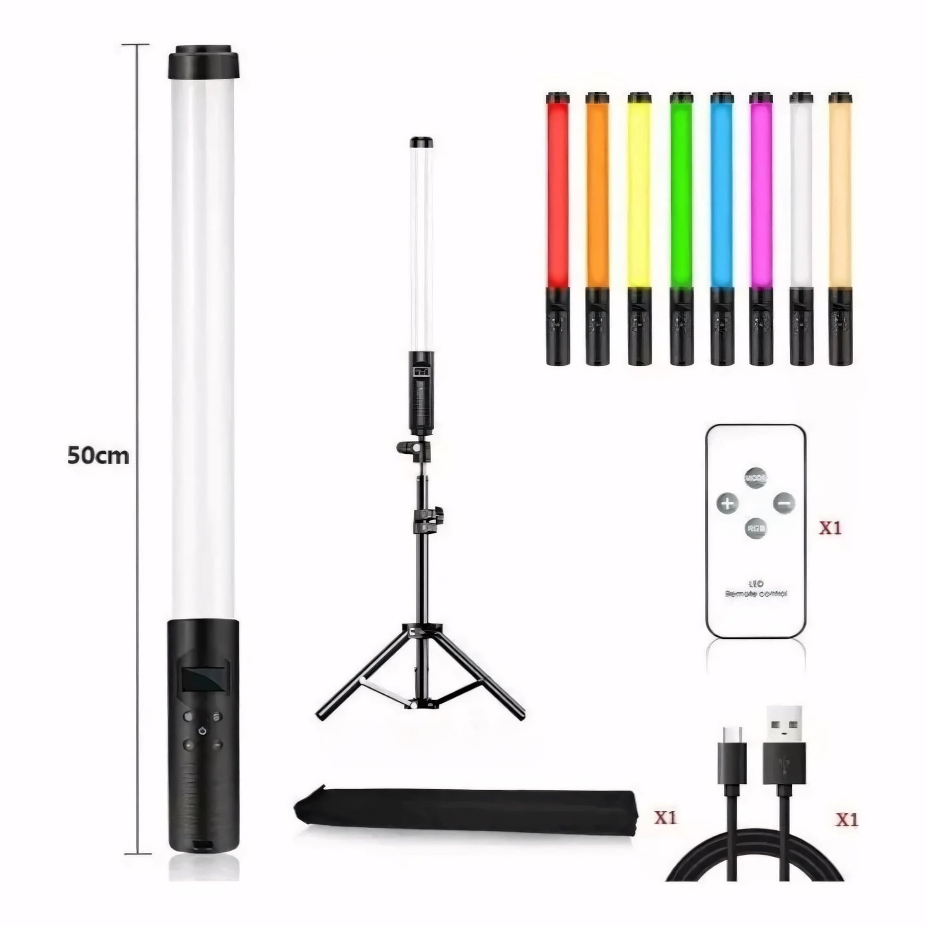 Luz LED portátil RGB de 50 cm com 5 modos de cor, controle remoto, cabo USB e bolsa de transporte. Ideal para fotos e vídeos criativos. Tripé compatível com rosca padrão 1/4