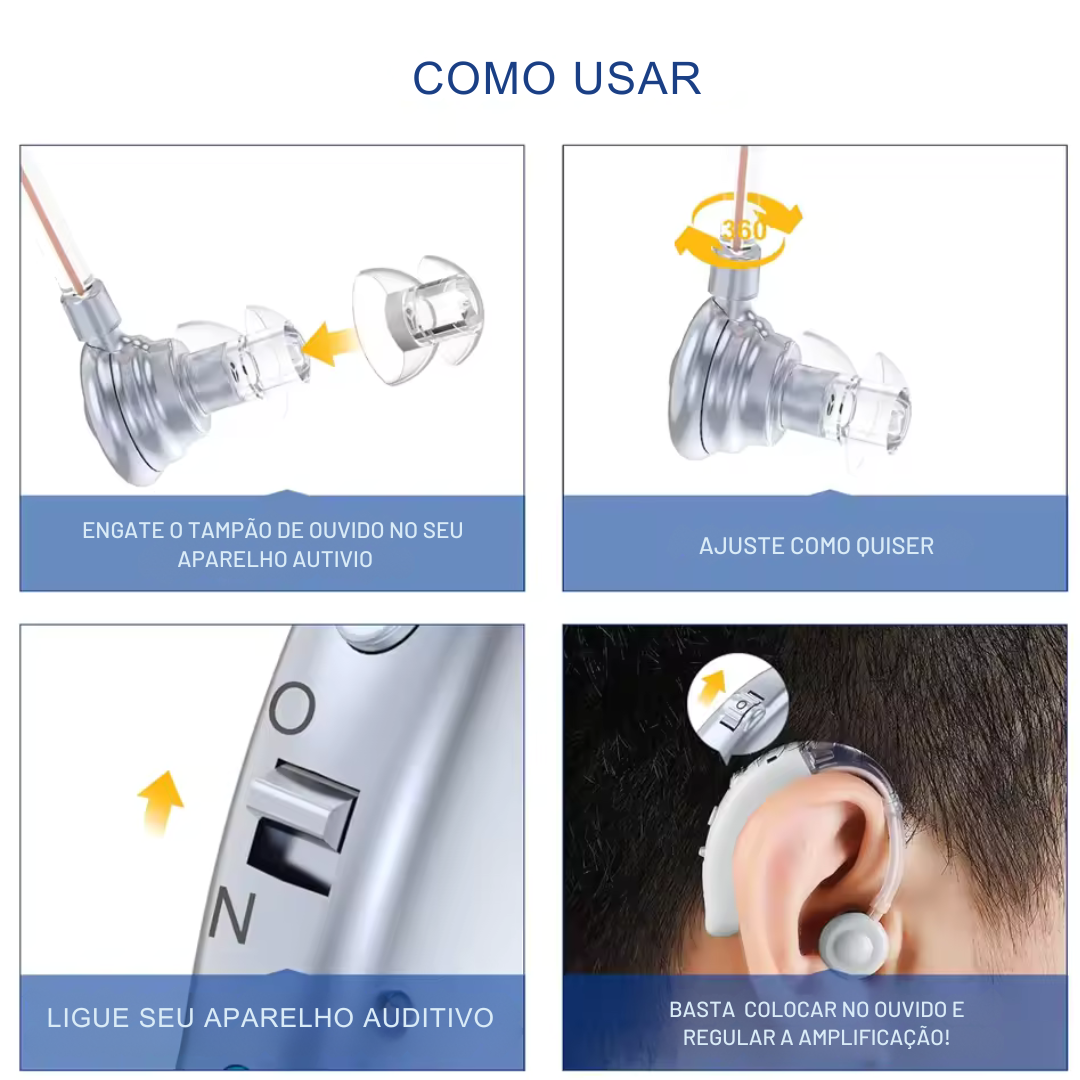 Par de aparelhos amplificadores auditivos recarregáveis em cor dourada, com ajuste de volume, design discreto e conforto anatômico. Ideal para melhorar a audição no dia a dia com leveza e tecnologia de alta fidelidade sonora.