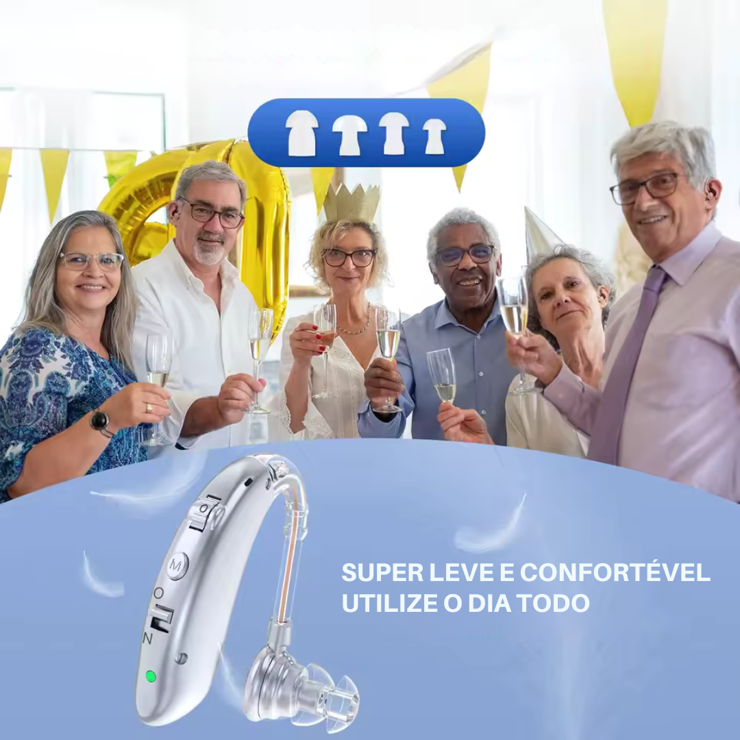 Par de aparelhos amplificadores auditivos recarregáveis em cor dourada, com ajuste de volume, design discreto e conforto anatômico. Ideal para melhorar a audição no dia a dia com leveza e tecnologia de alta fidelidade sonora.