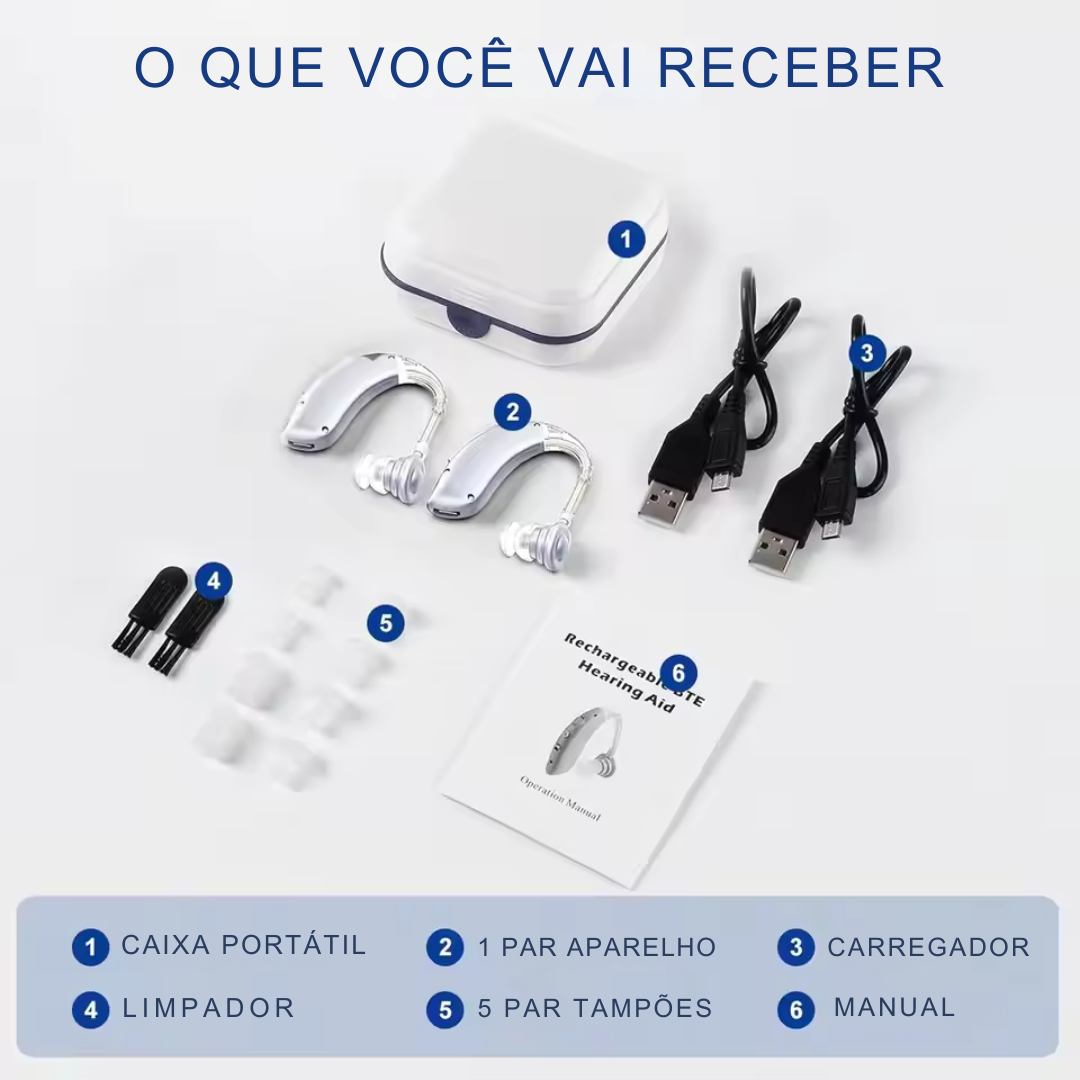 Par de aparelhos amplificadores auditivos recarregáveis em cor dourada, com ajuste de volume, design discreto e conforto anatômico. Ideal para melhorar a audição no dia a dia com leveza e tecnologia de alta fidelidade sonora.