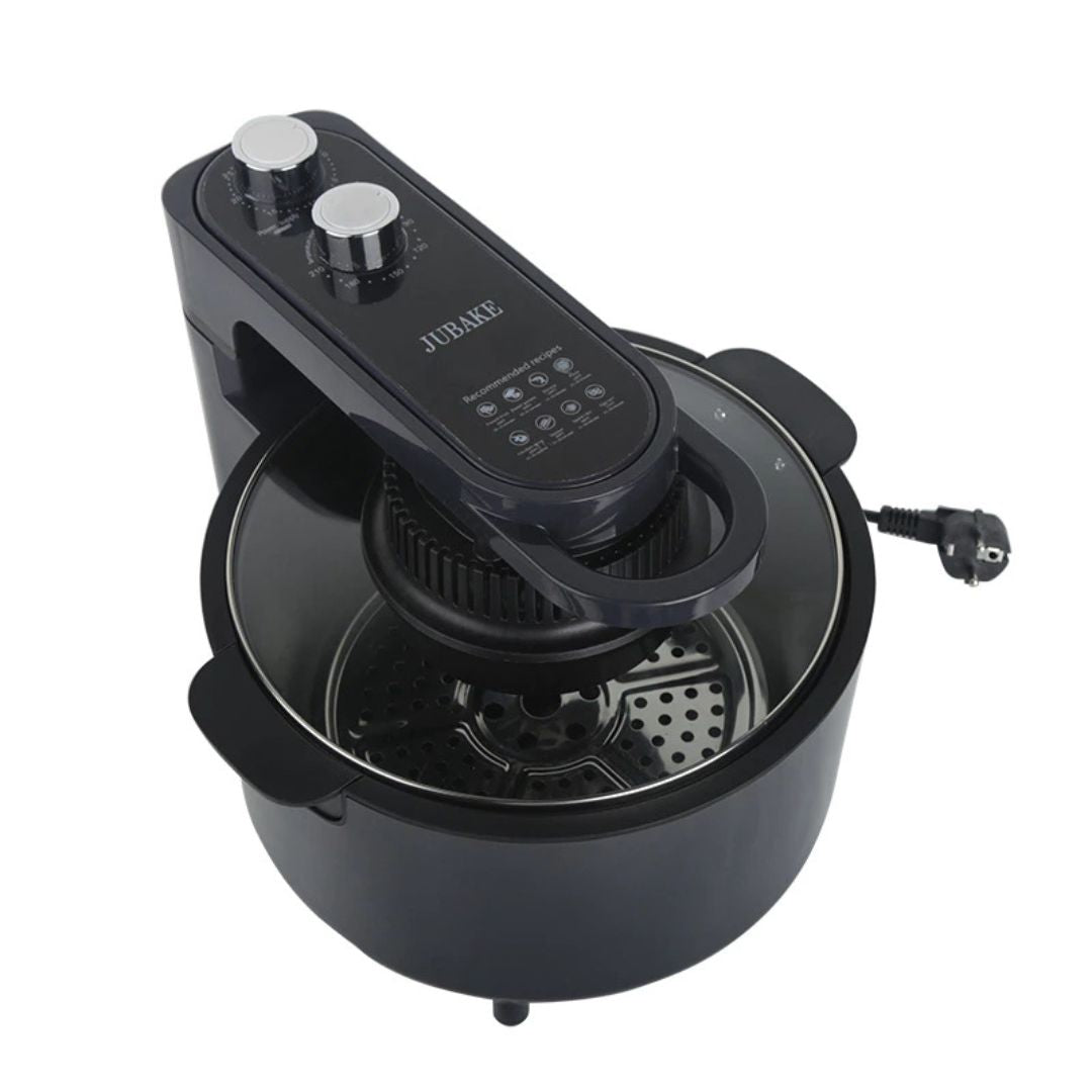 Air Fryer Forno multifuncional com 10L de capacidade, tampa de vidro, grelha giratória, cesto interno e controles ajustáveis. Design moderno e preparo saudável sem óleo.