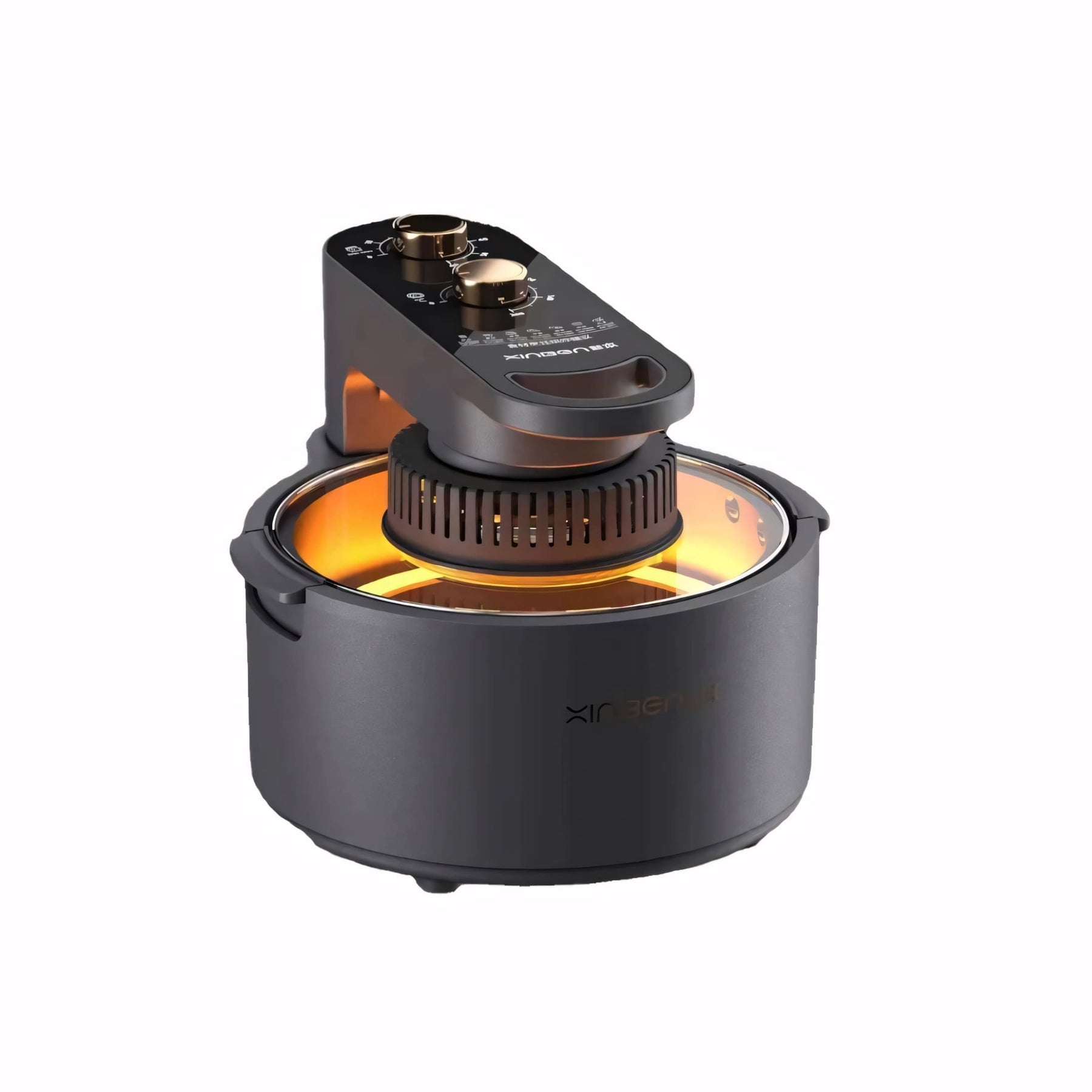 Air Fryer Forno multifuncional com 10L de capacidade, tampa de vidro, grelha giratória, cesto interno e controles ajustáveis. Design moderno e preparo saudável sem óleo.
