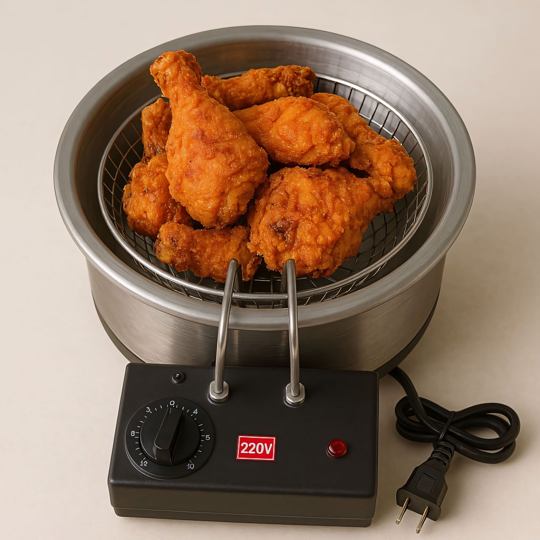 Fritadeira elétrica profissional com cesto, tacho em alumínio e base em inox, ideal para restaurantes e eventos. Frita rapidamente com alta eficiência e durabilidade.