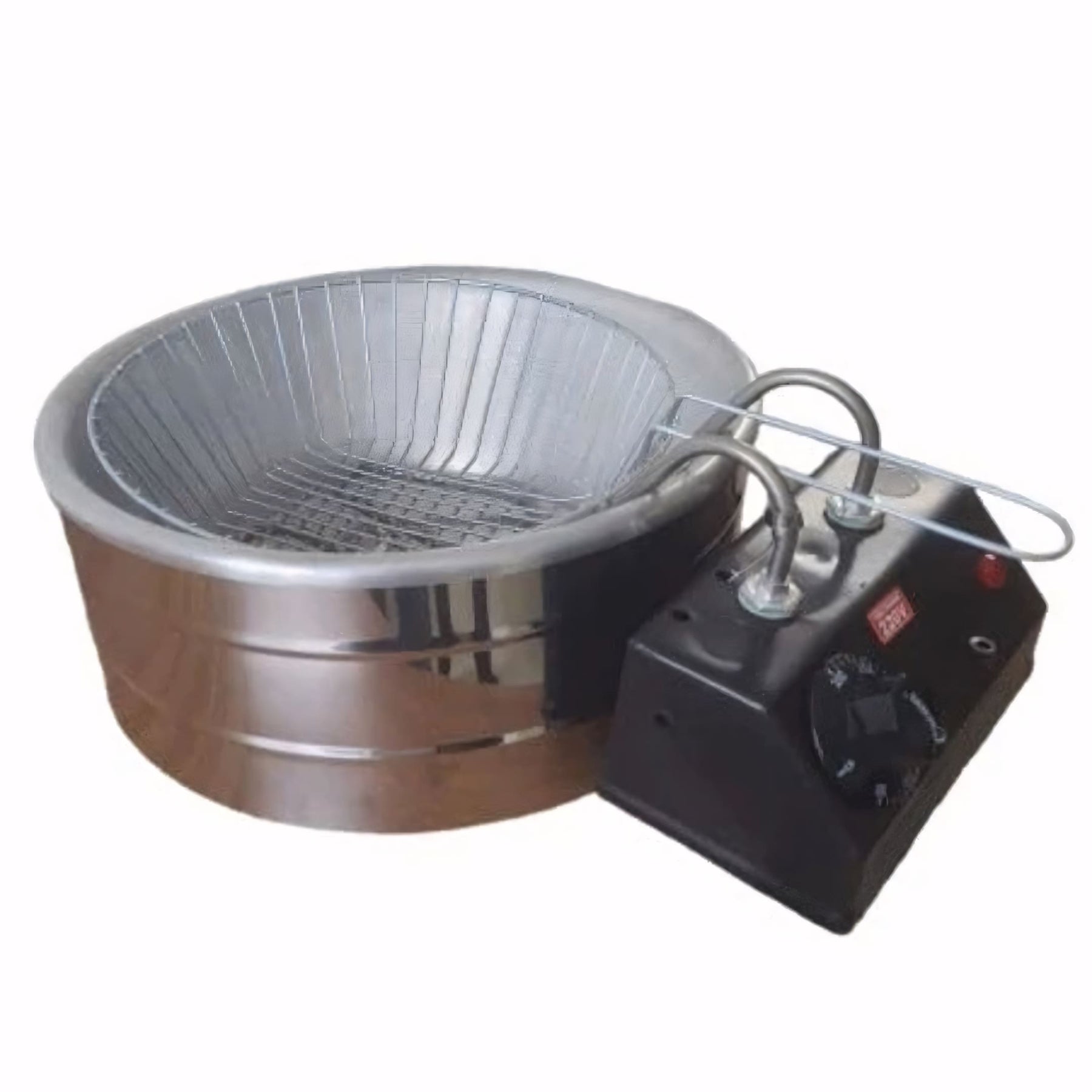 Fritadeira elétrica profissional com cesto, tacho em alumínio e base em inox, ideal para restaurantes e eventos. Frita rapidamente com alta eficiência e durabilidade.