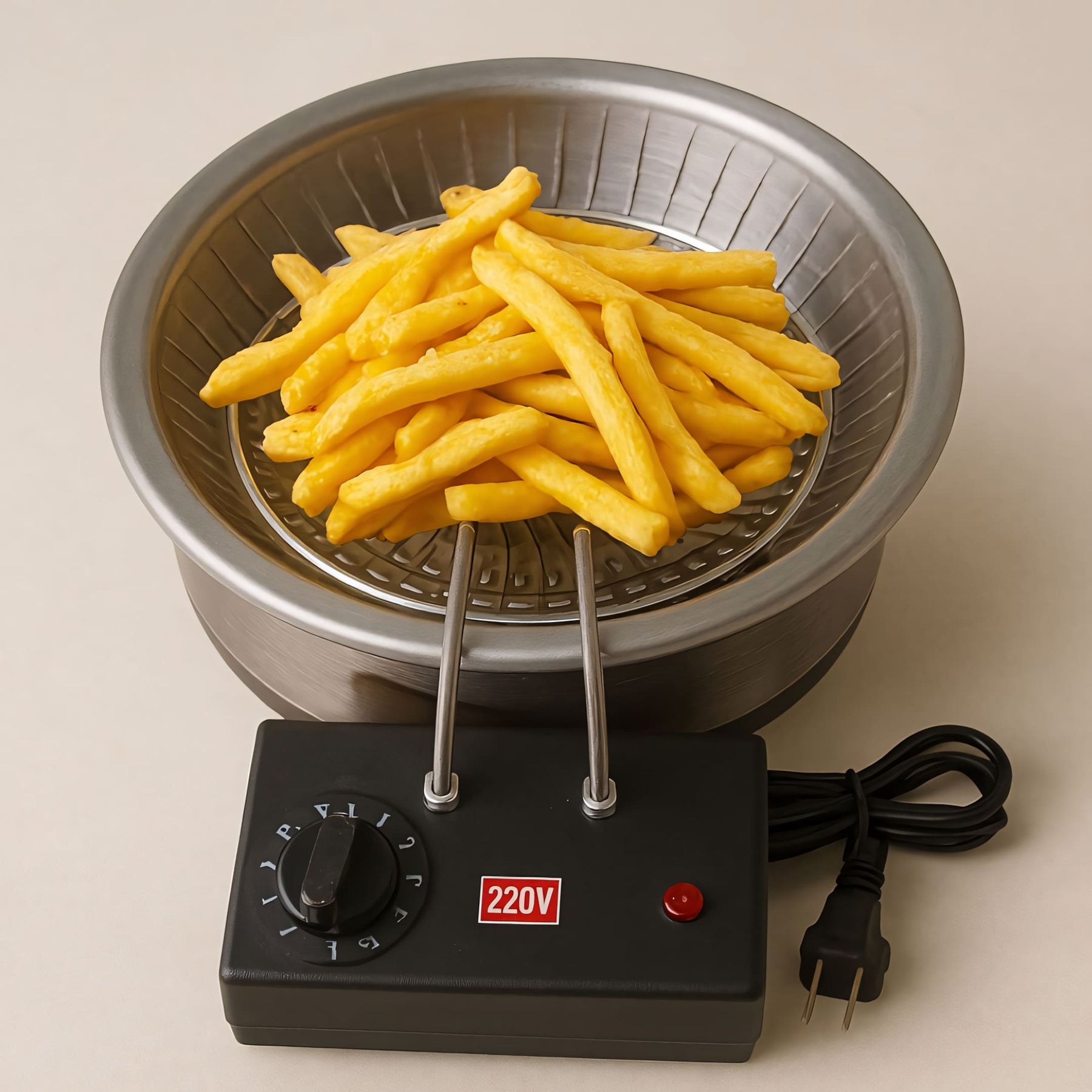 Fritadeira elétrica profissional com cesto, tacho em alumínio e base em inox, ideal para restaurantes e eventos. Frita rapidamente com alta eficiência e durabilidade.