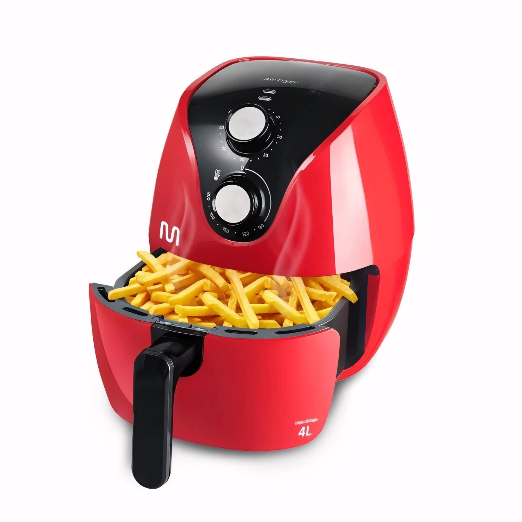 Fritadeira elétrica Air Fryer vermelha Multi com 4L de capacidade. Ideal para preparar alimentos crocantes sem óleo, com controle de temperatura e timer sonoro.
