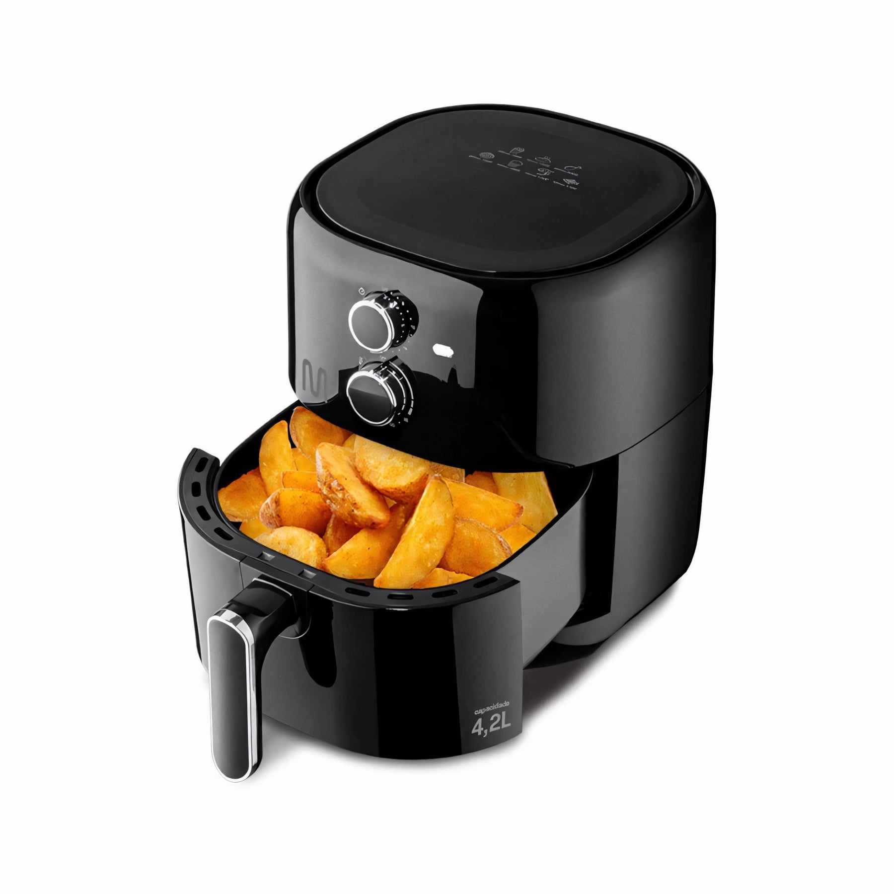 Air Fryer Multi 4,2L preta com controle de temperatura e timer sonoro. Frite e asse sem óleo, garantindo refeições crocantes e saudáveis.