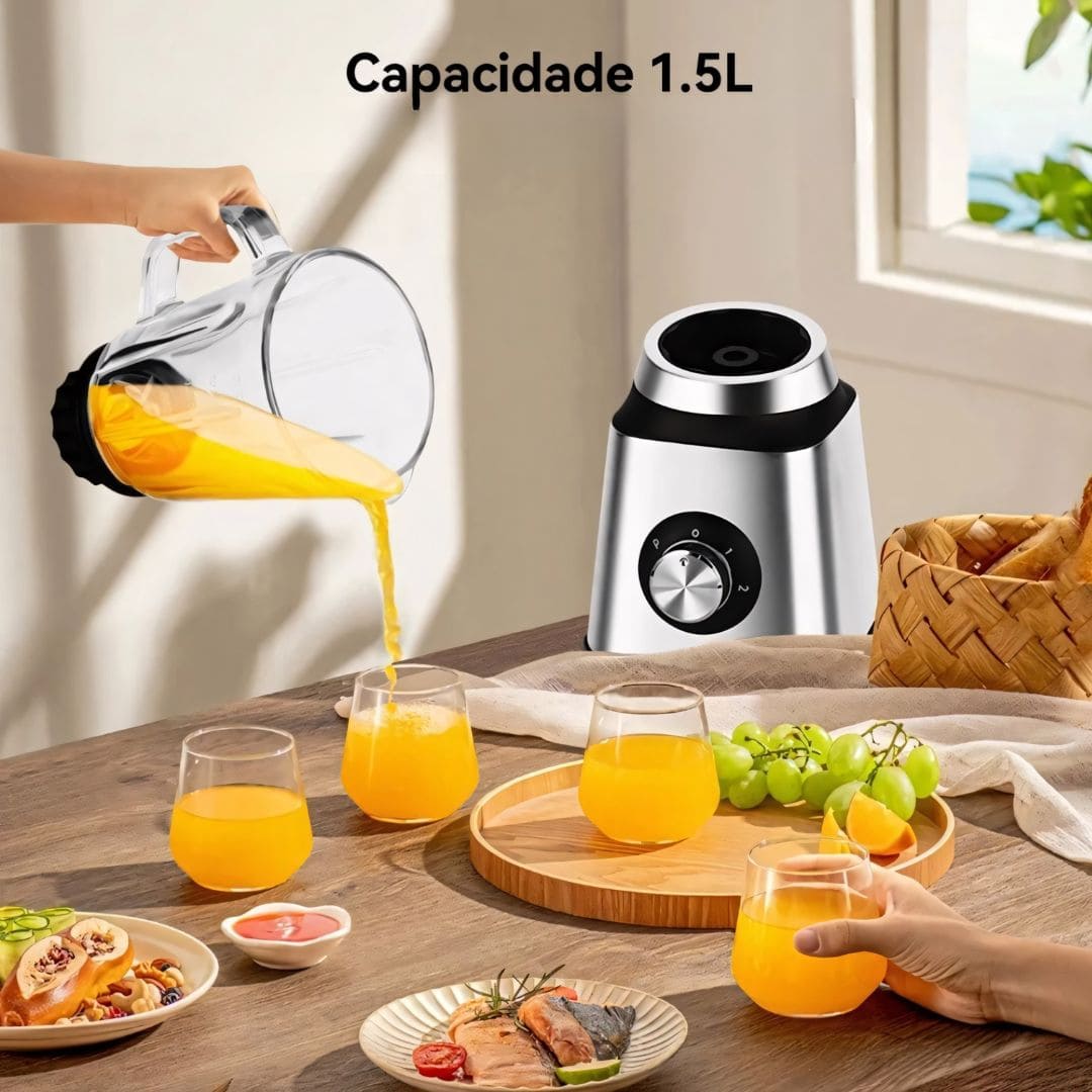 Liquidificador em aço inox com copo de vidro de 1,5L, 6 lâminas afiadas, botão giratório e função autolimpante. Acompanha jarra de moagem. Ideal para receitas, sucos e grãos.