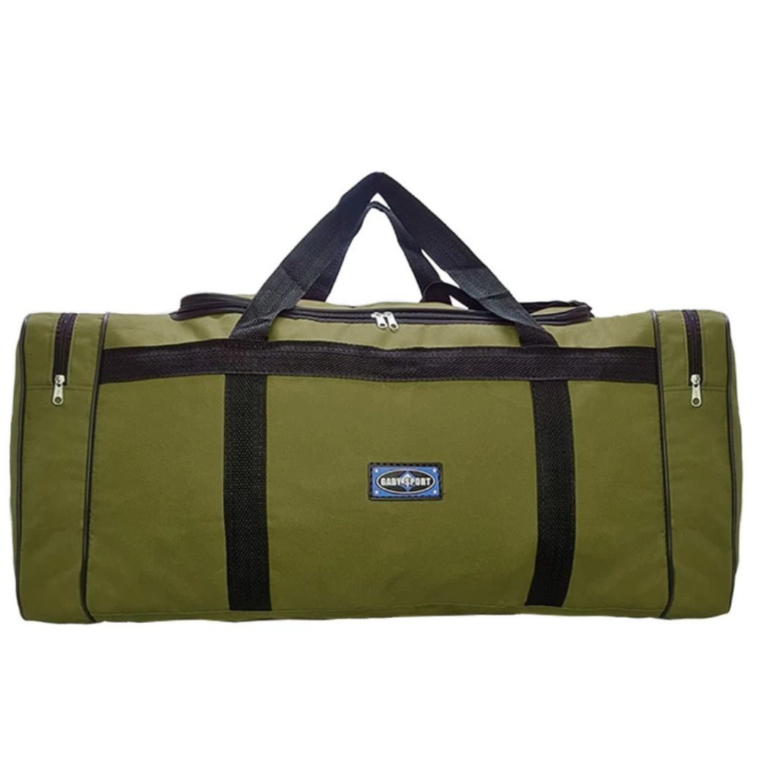 Mala de viagem grande com capacidade de 80L, cor vermelha, abertura superior ampla, bolsos laterais com zíper e alças reforçadas. Resistente à água e dobrável.