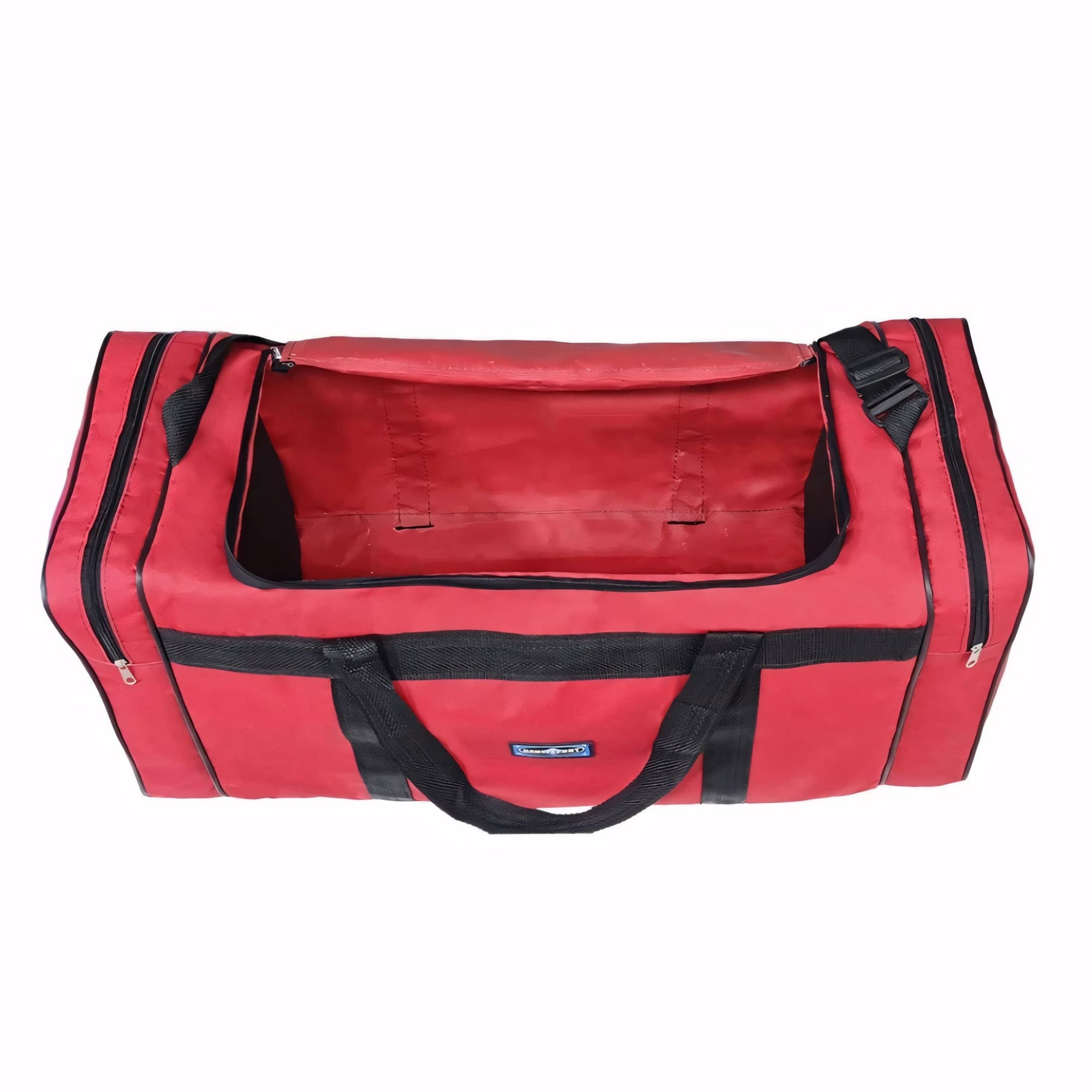 Mala de viagem grande com capacidade de 80L, cor vermelha, abertura superior ampla, bolsos laterais com zíper e alças reforçadas. Resistente à água e dobrável.