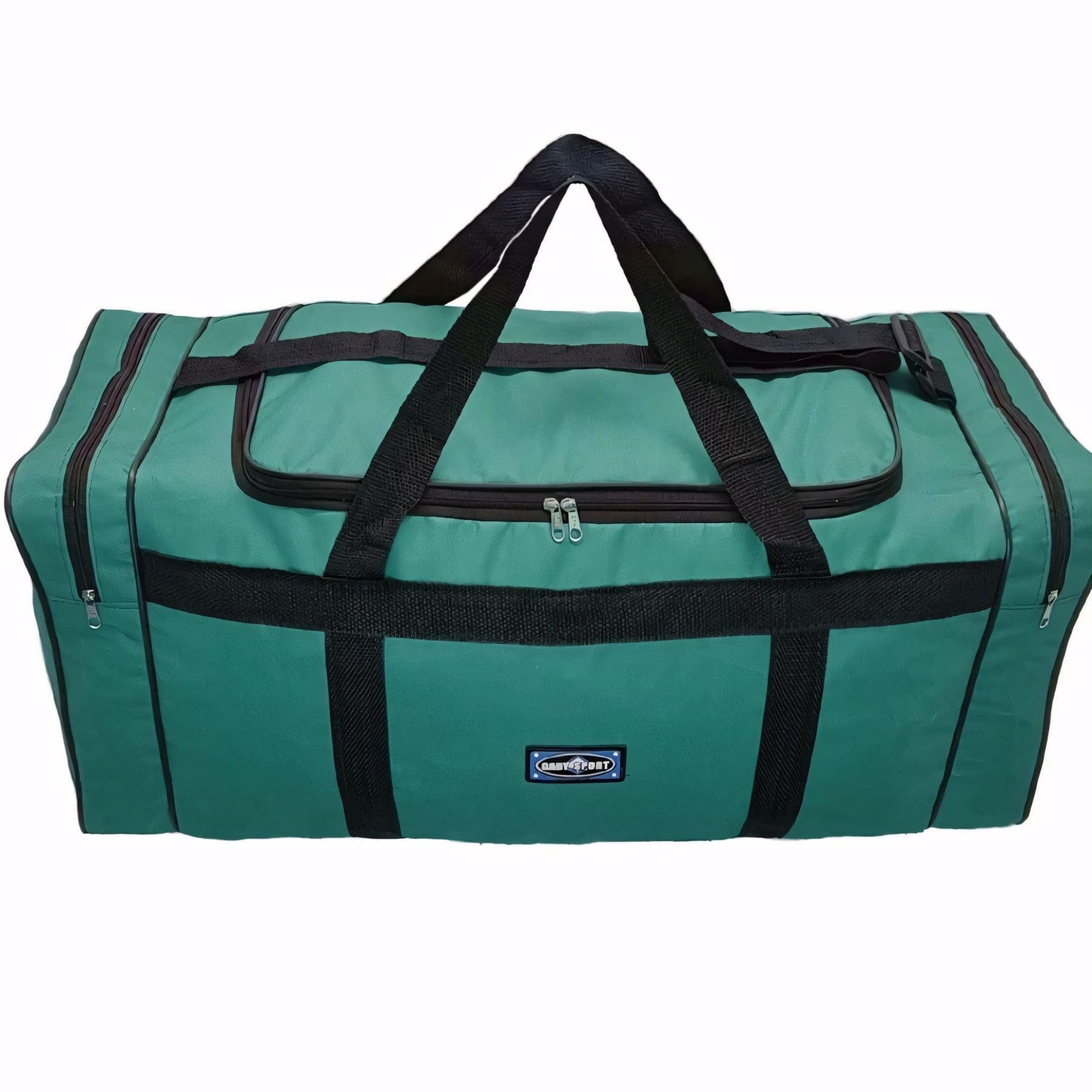 Mala de viagem grande com capacidade de 80L, cor vermelha, abertura superior ampla, bolsos laterais com zíper e alças reforçadas. Resistente à água e dobrável.