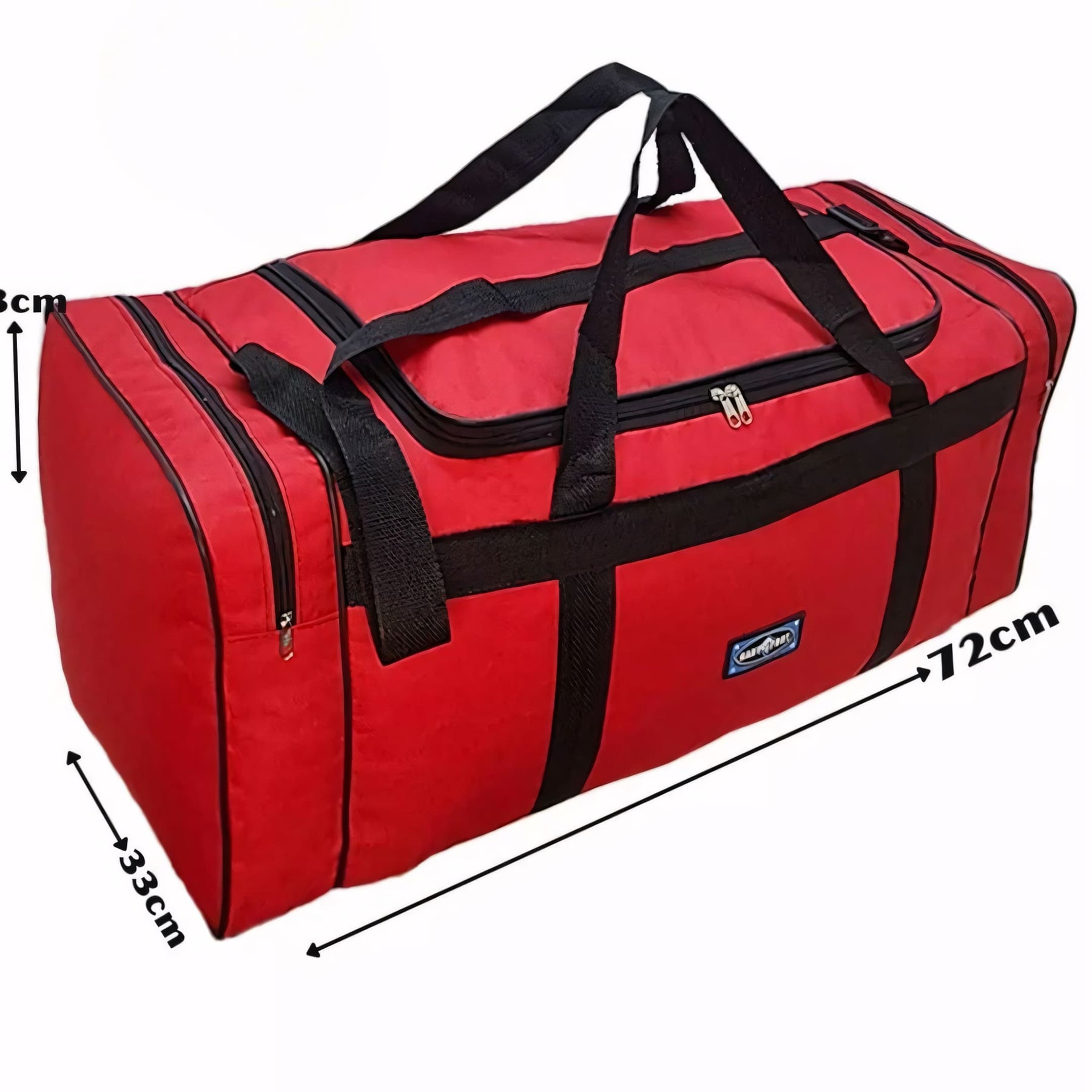 Mala de viagem grande com capacidade de 80L, cor vermelha, abertura superior ampla, bolsos laterais com zíper e alças reforçadas. Resistente à água e dobrável.