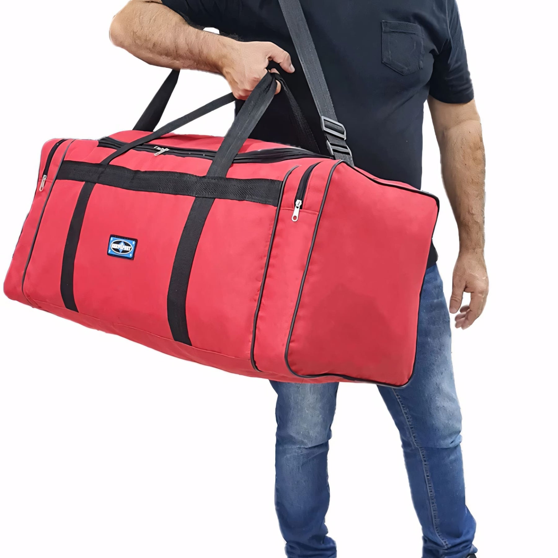 Mala de viagem grande com capacidade de 80L, cor vermelha, abertura superior ampla, bolsos laterais com zíper e alças reforçadas. Resistente à água e dobrável.