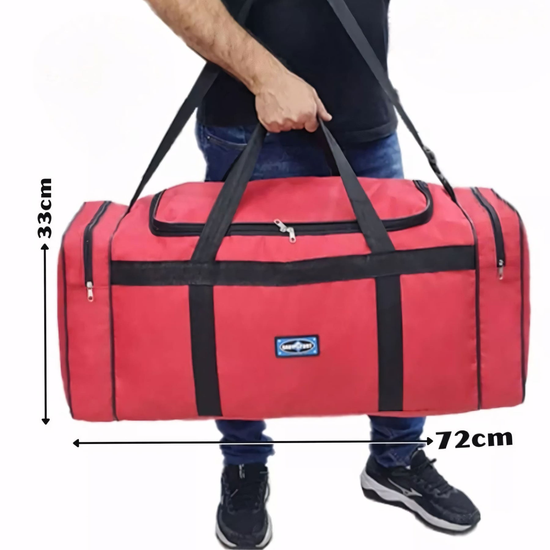 Mala de viagem grande com capacidade de 80L, cor vermelha, abertura superior ampla, bolsos laterais com zíper e alças reforçadas. Resistente à água e dobrável.