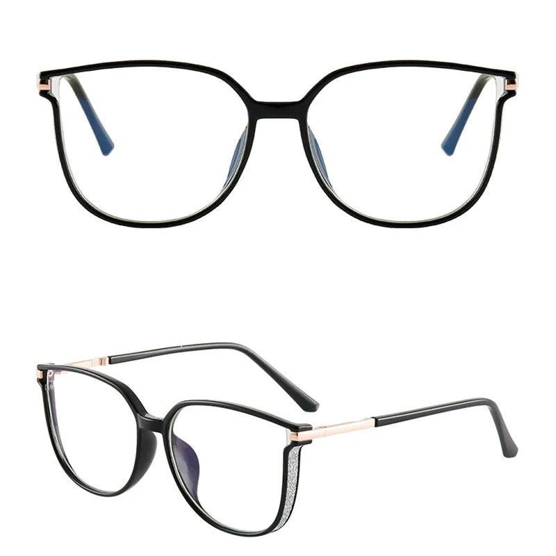 Óculos multifocal feminino com lentes transparentes, armação leve nas cores preta e marrom translúcida. Modelo com proteção contra luz azul e design sofisticado para uso diário.