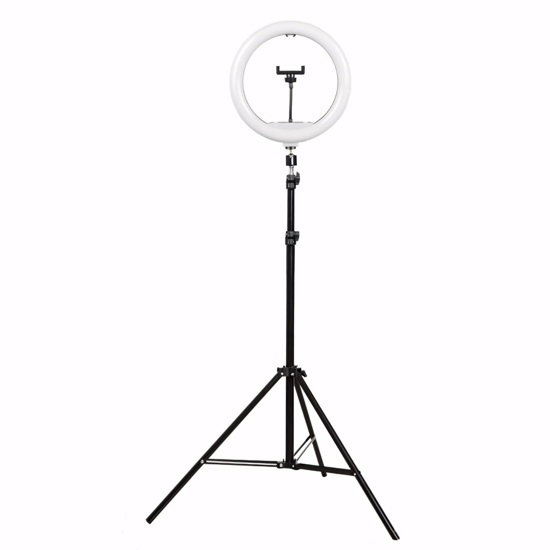 Ring Light profissional de 12 polegadas com tripé ajustável até 2,1m, controle de intensidade embutido, 3 tons de luz e suporte de celular central. Ideal para gravações, fotos e lives.