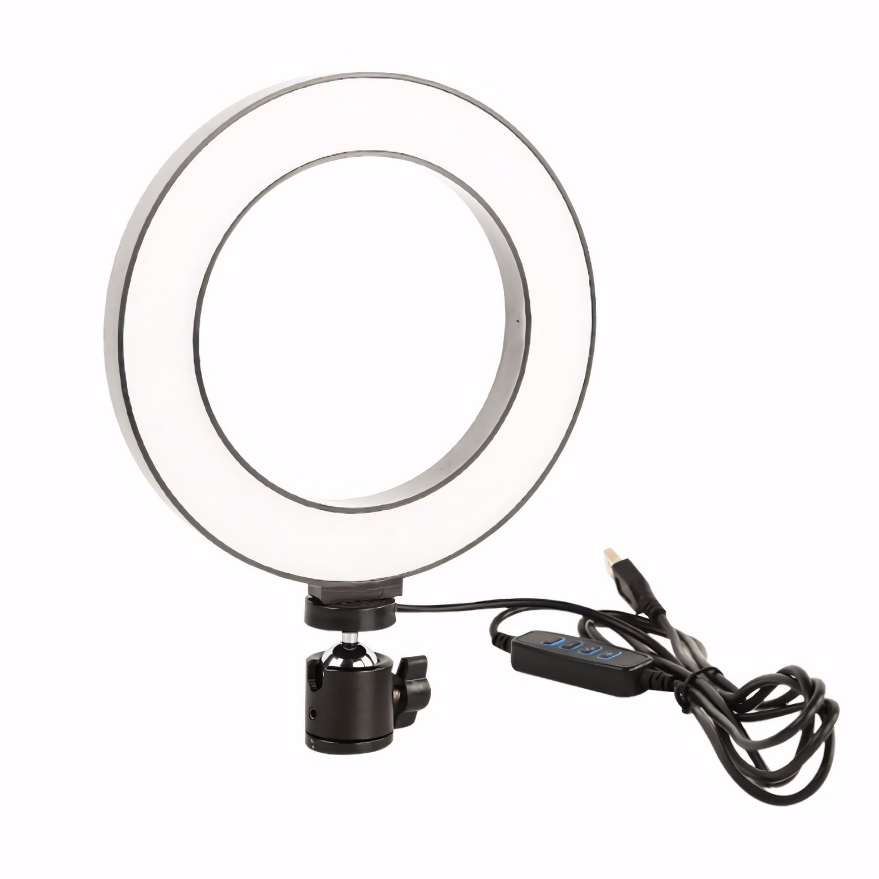 Ring Light LED 10 polegadas com tripé de mesa, controle embutido no cabo, suporte para celular centralizado e conexão USB. Ideal para fotos, vídeos, maquiagem e chamadas.