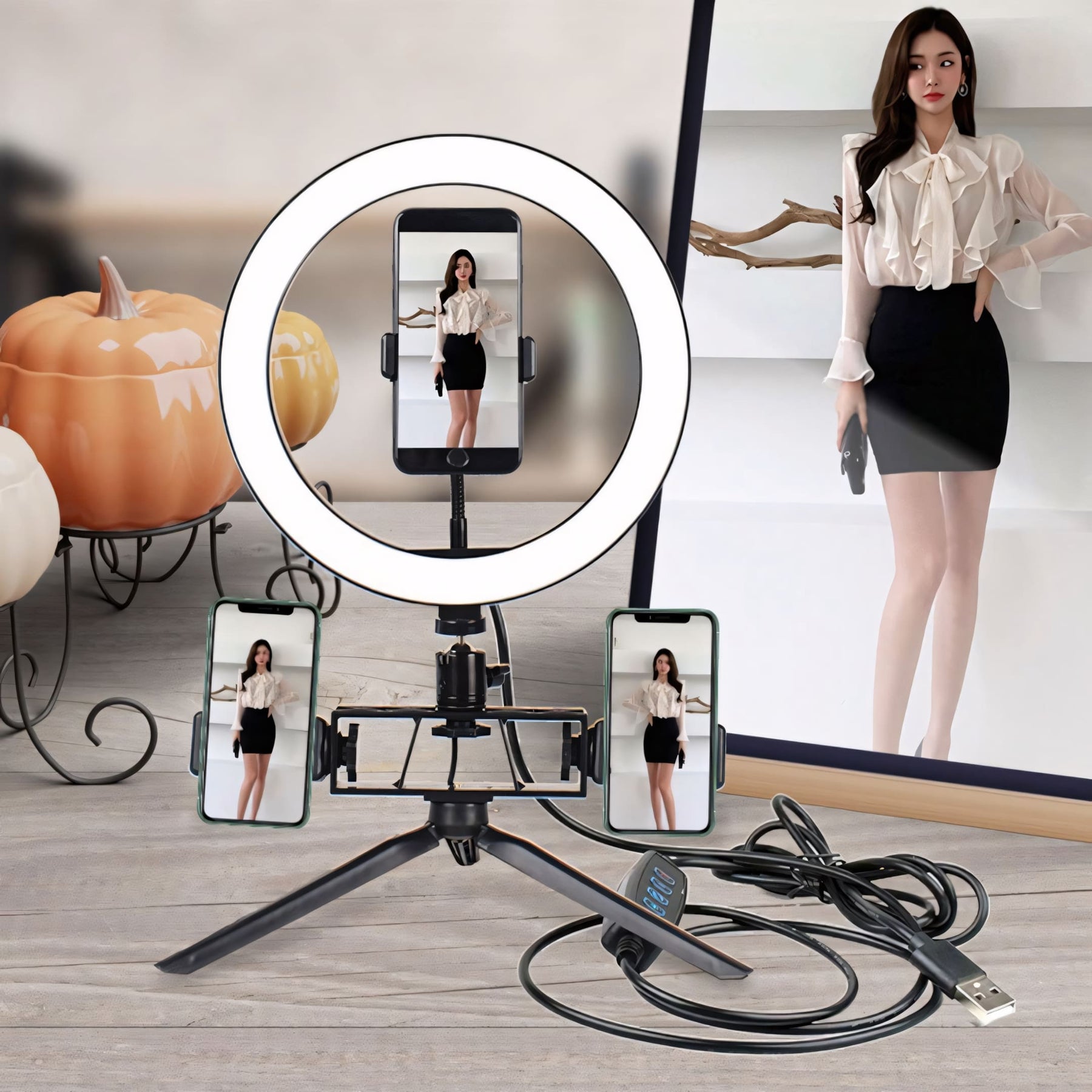 Ring Light LED 10 polegadas com tripé de mesa, controle embutido no cabo, suporte para celular centralizado e conexão USB. Ideal para fotos, vídeos, maquiagem e chamadas.