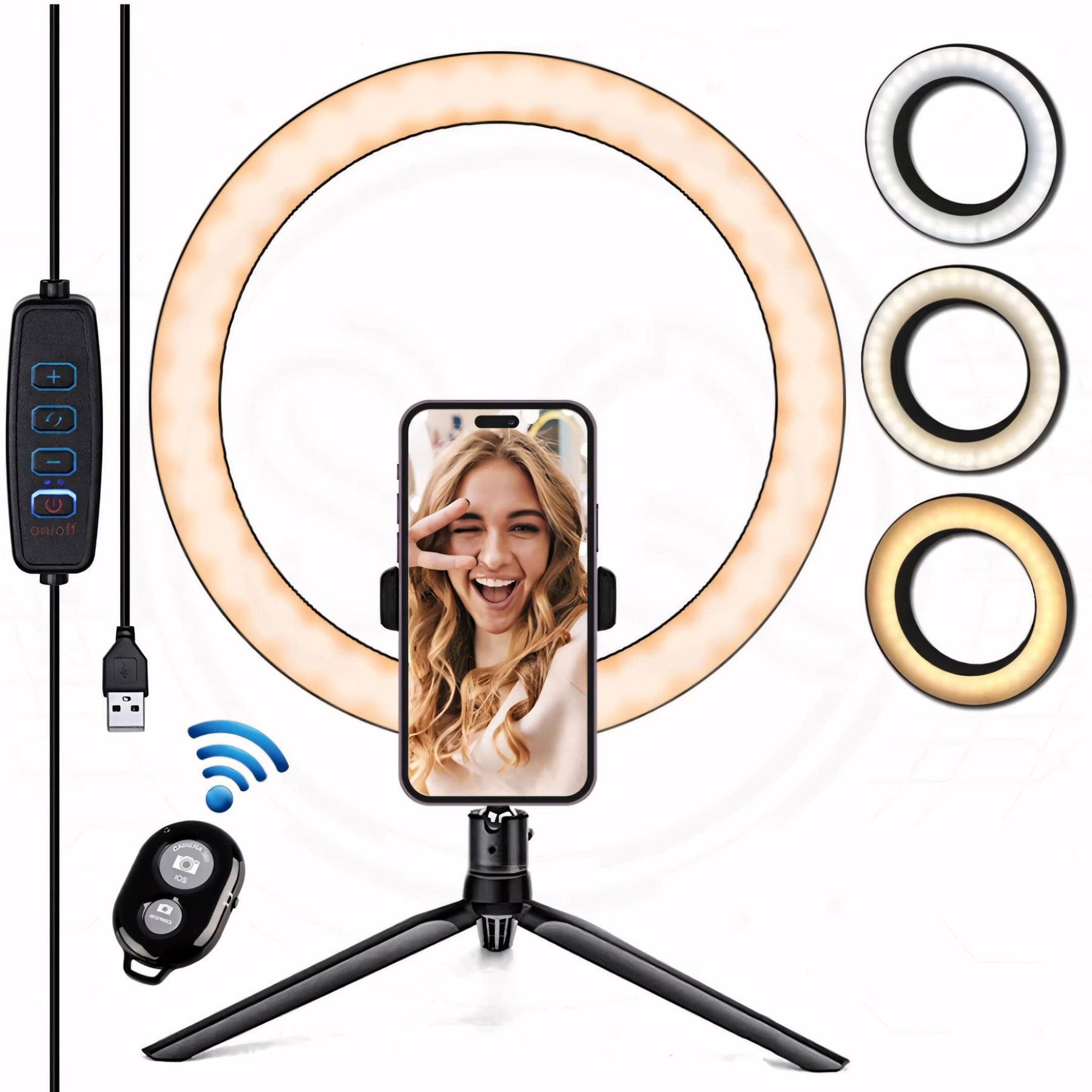 Ring Light LED 10 polegadas com tripé de mesa, controle embutido no cabo, suporte para celular centralizado e conexão USB. Ideal para fotos, vídeos, maquiagem e chamadas.