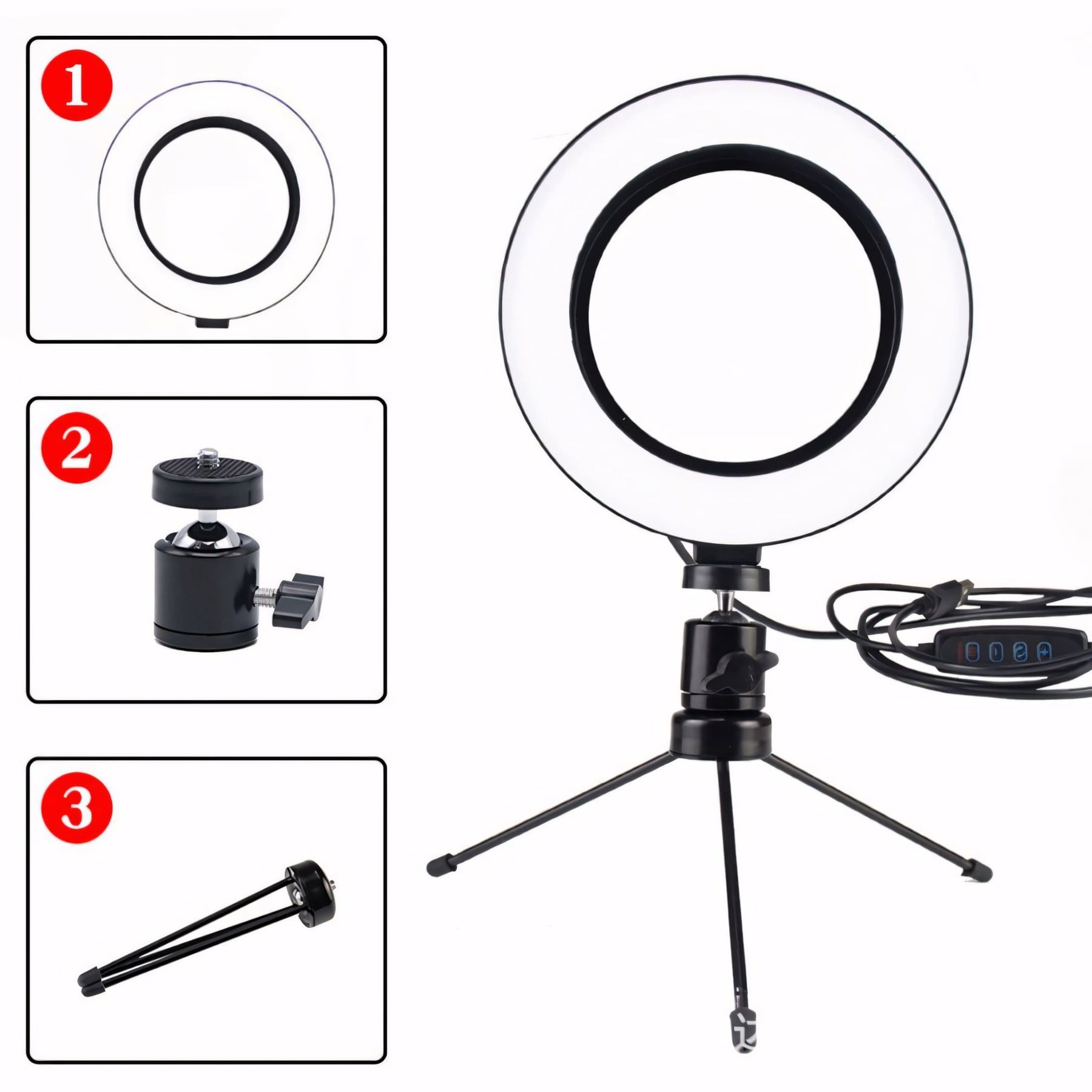Ring Light LED 10 polegadas com tripé de mesa, controle embutido no cabo, suporte para celular centralizado e conexão USB. Ideal para fotos, vídeos, maquiagem e chamadas.
