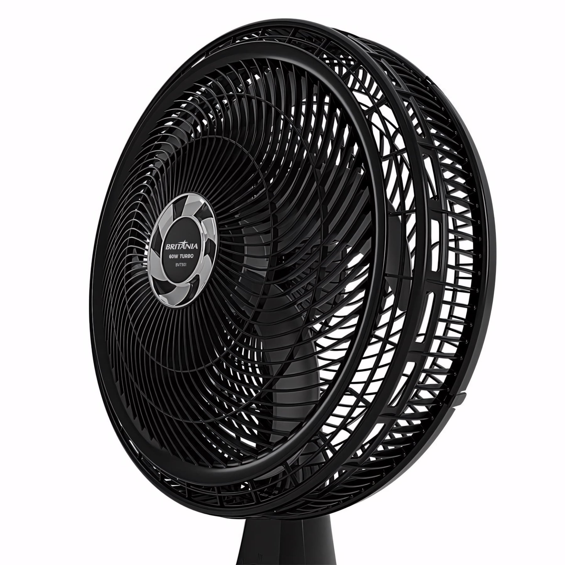 Ventilador Britânia turbo silencioso, 30cm, 6 pás, preto. Uso 2 em 1 para mesa ou parede, com base firme e oscilação. Potente e eficiente para qualquer ambiente.