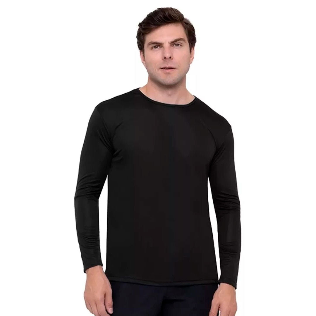 Camisa térmica masculina segunda pele com manga longa, tecido dry fit, proteção UV50 e acabamento antiodor. Kit com 3 unidades em cores sortidas, ideal para esporte, trabalho externo ou lazer.