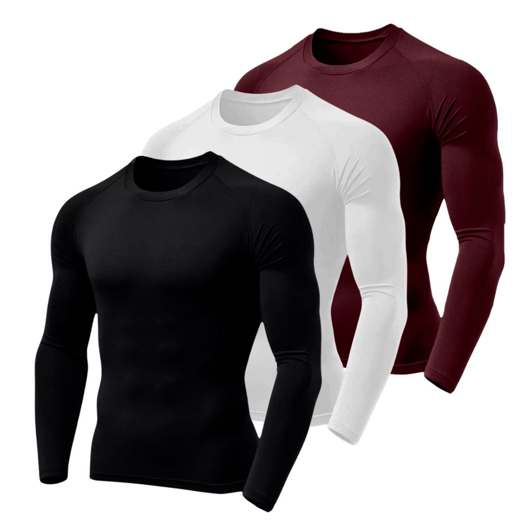 Camisa térmica masculina segunda pele com manga longa, tecido dry fit, proteção UV50 e acabamento antiodor. Kit com 3 unidades em cores sortidas, ideal para esporte, trabalho externo ou lazer.