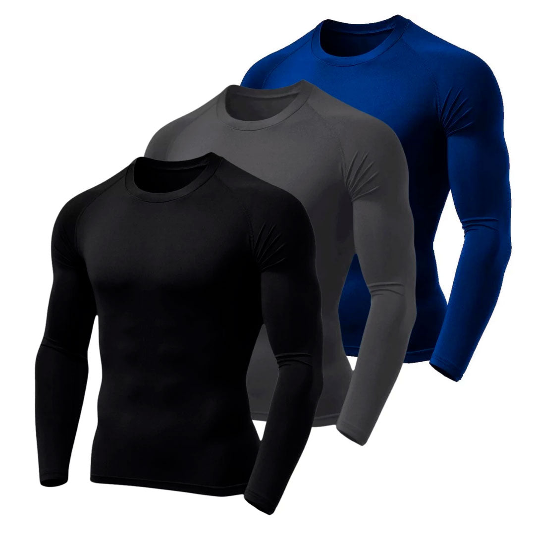 Camisa térmica masculina segunda pele com manga longa, tecido dry fit, proteção UV50 e acabamento antiodor. Kit com 3 unidades em cores sortidas, ideal para esporte, trabalho externo ou lazer.