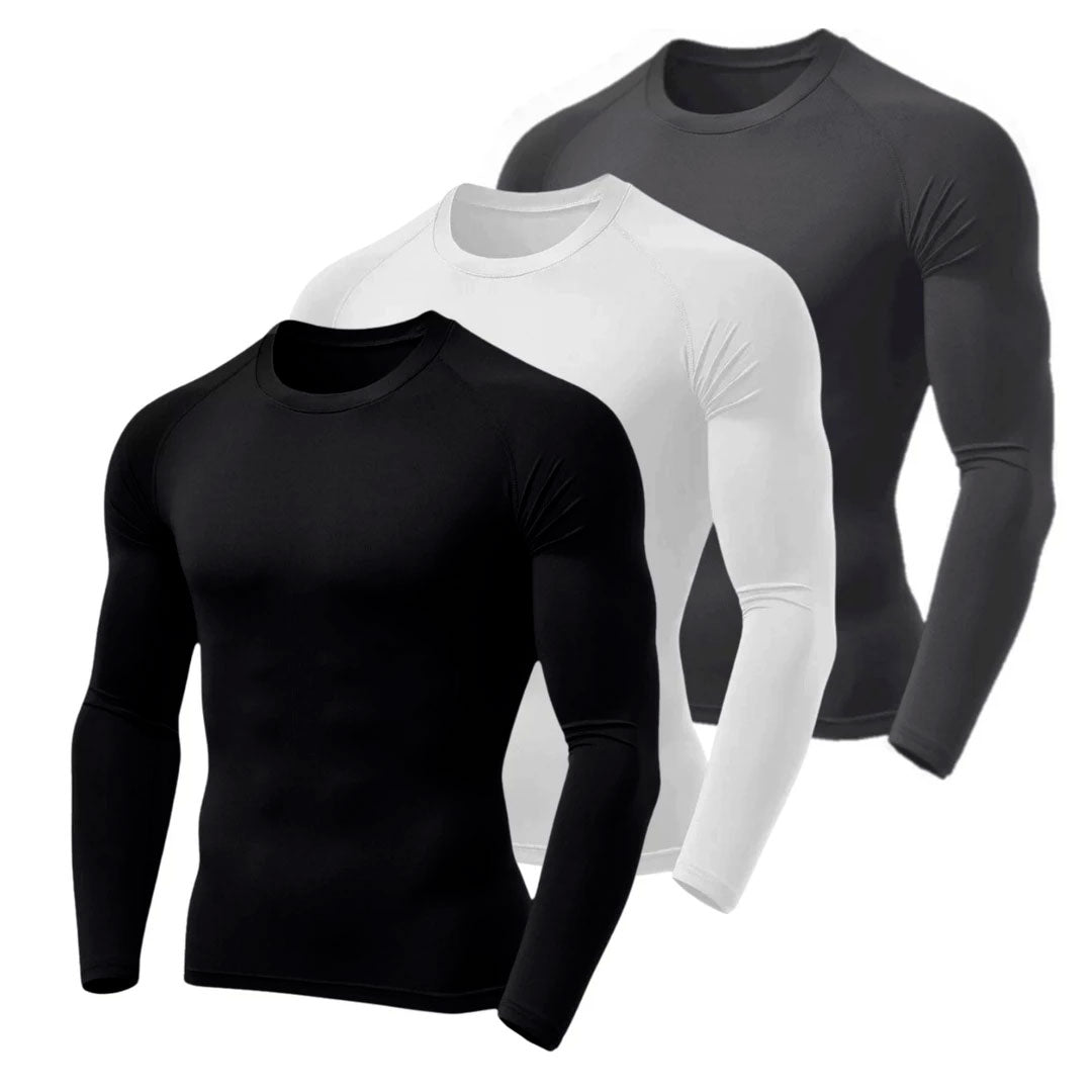 Camisa térmica masculina segunda pele com manga longa, tecido dry fit, proteção UV50 e acabamento antiodor. Kit com 3 unidades em cores sortidas, ideal para esporte, trabalho externo ou lazer.