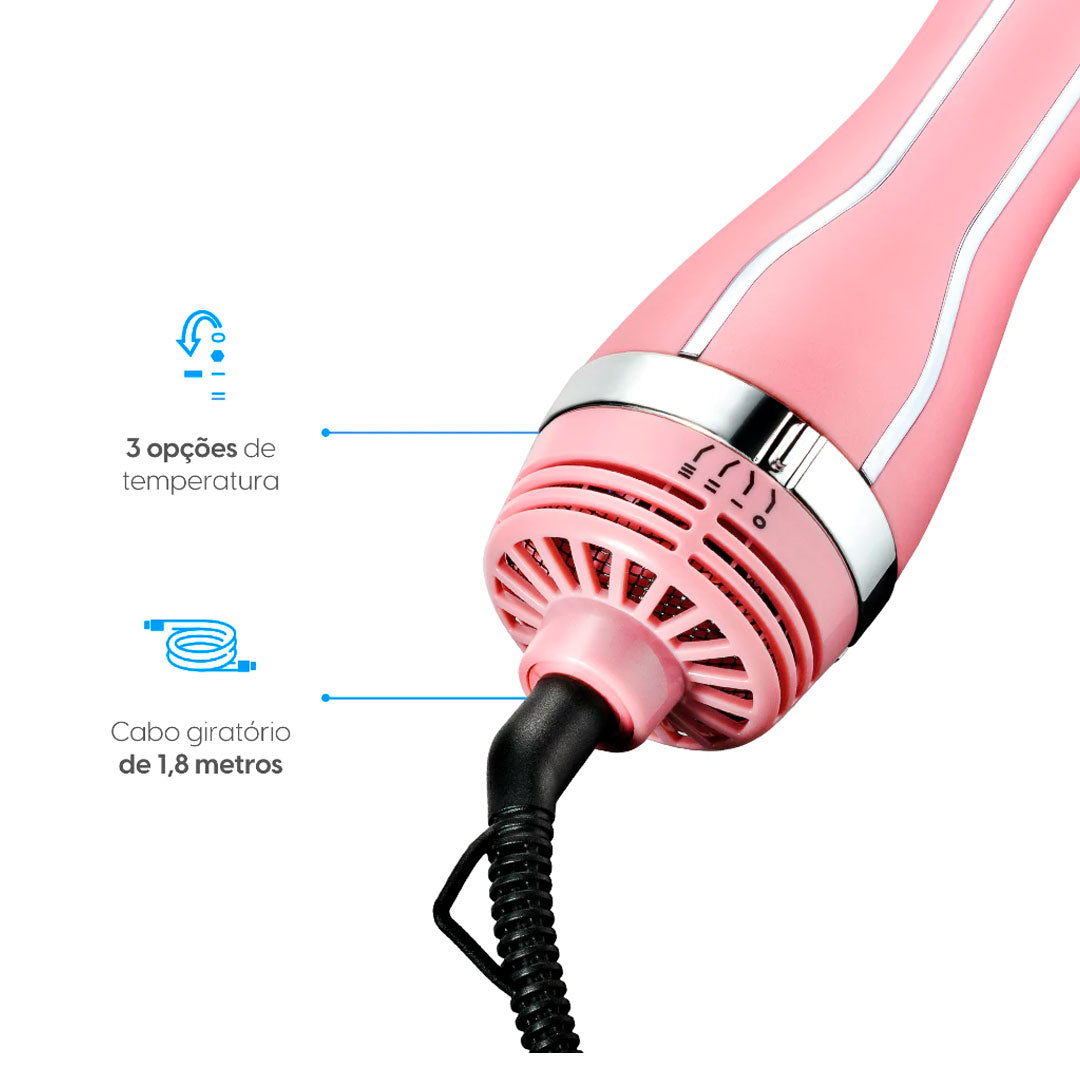 Escova secadora alisadora profissional 3 em 1 bivolt com 1300W de potência, cabo giratório, cerdas flexíveis e revestimento que reduz o frizz e dá brilho aos fios.