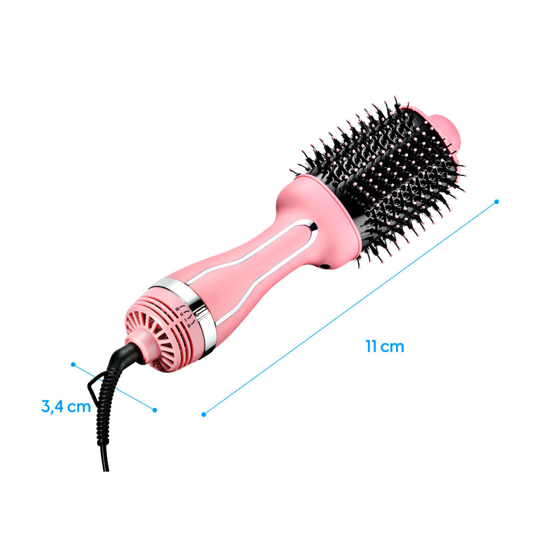 Escova secadora alisadora profissional 3 em 1 bivolt com 1300W de potência, cabo giratório, cerdas flexíveis e revestimento que reduz o frizz e dá brilho aos fios.