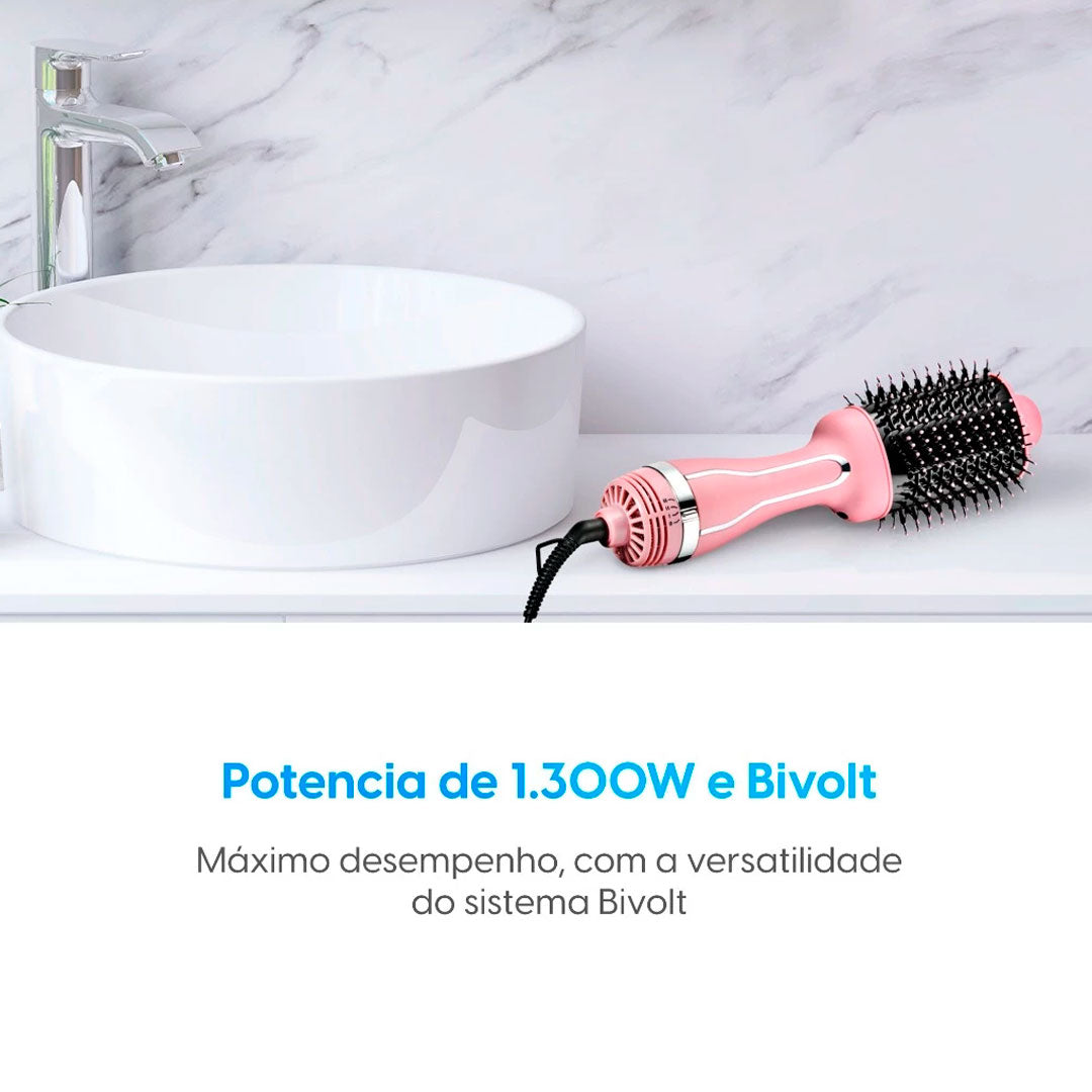 Escova secadora alisadora profissional 3 em 1 bivolt com 1300W de potência, cabo giratório, cerdas flexíveis e revestimento que reduz o frizz e dá brilho aos fios.