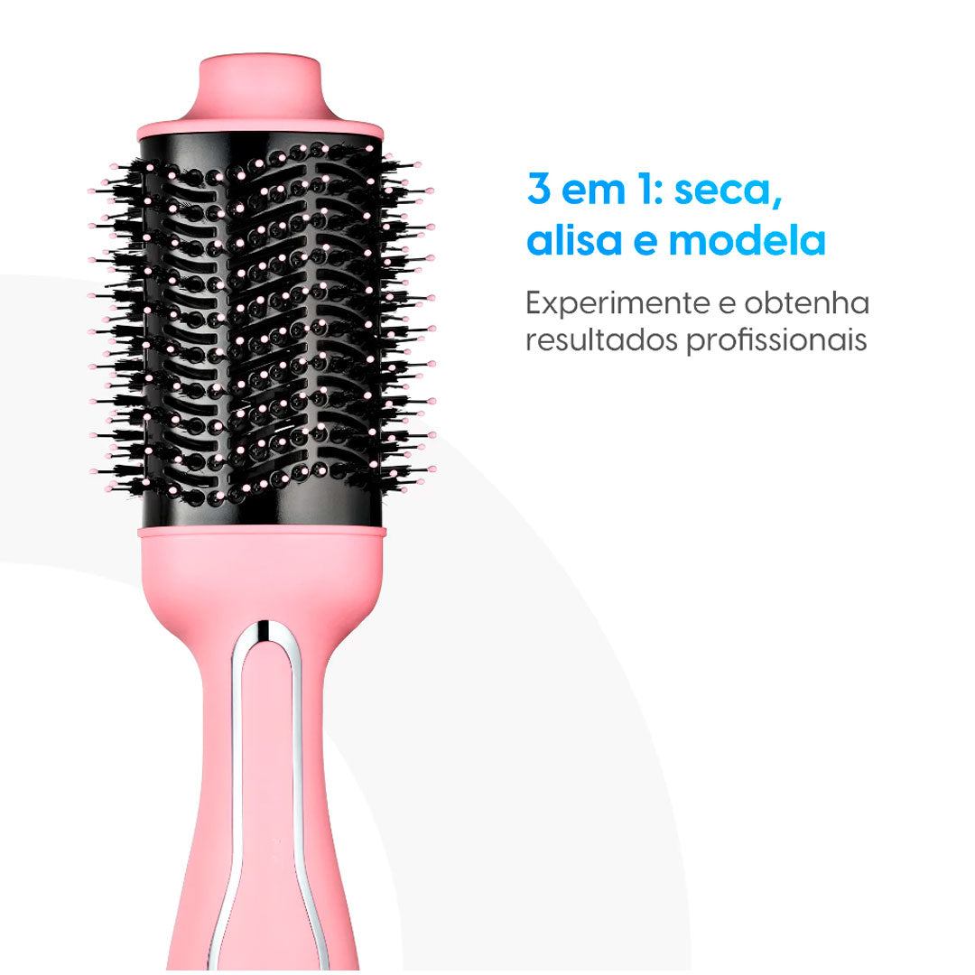 Escova secadora alisadora profissional 3 em 1 bivolt com 1300W de potência, cabo giratório, cerdas flexíveis e revestimento que reduz o frizz e dá brilho aos fios.