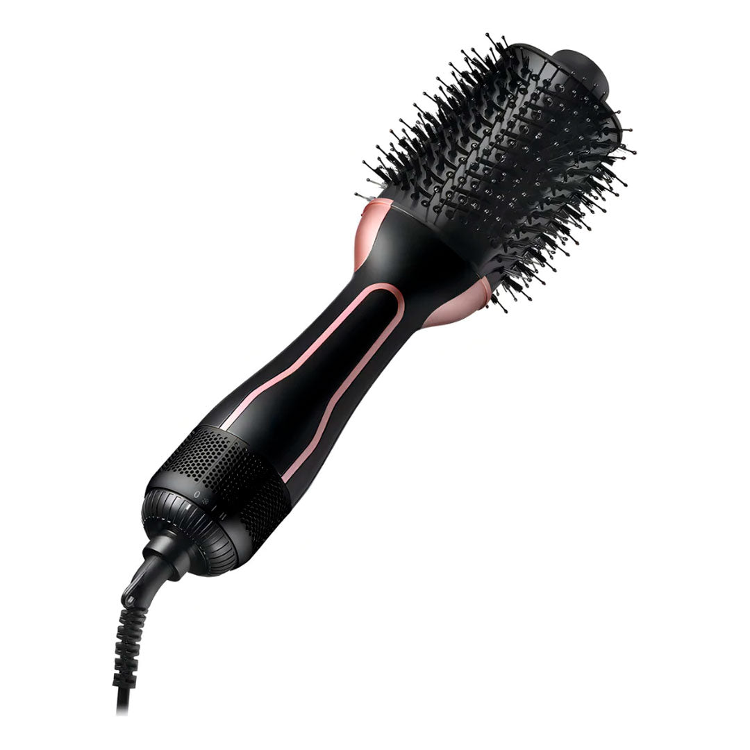 Escova secadora alisadora profissional 3 em 1 bivolt com 1300W de potência, cabo giratório, cerdas flexíveis e revestimento que reduz o frizz e dá brilho aos fios.