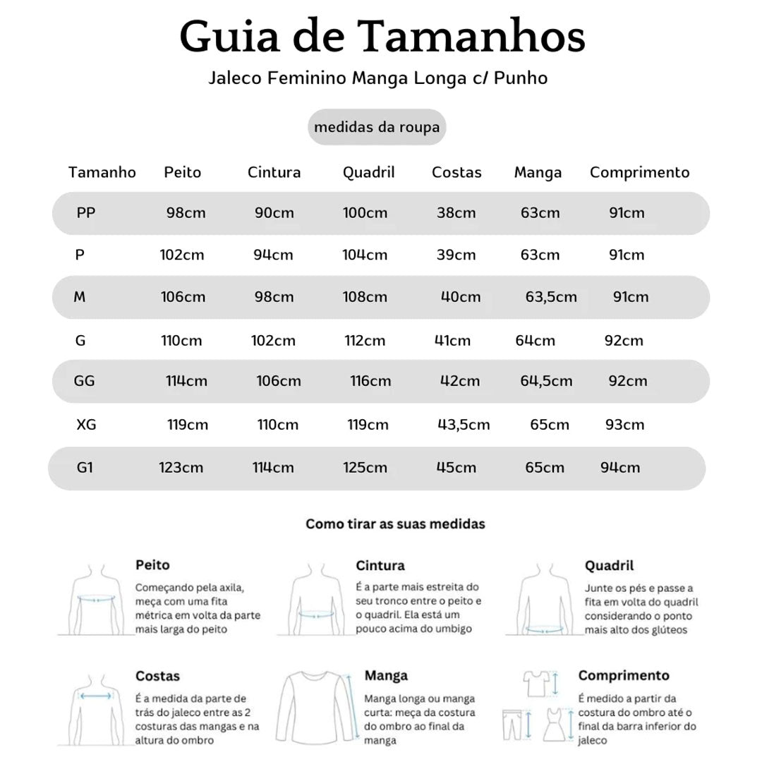 Jaleco feminino de manga longa com punhos, gola padre e zíper frontal dourado. Modelo acinturado em tecido gabardine com bolsos laterais. Disponível nas cores branca e preta.