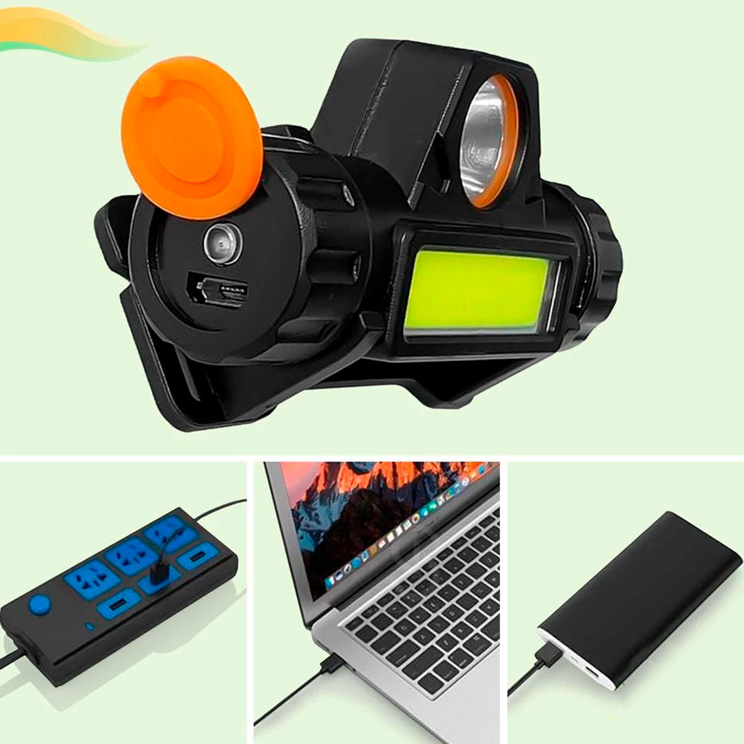 Lanterna de cabeça com faixa elástica ajustável, corpo em plástico preto com LED frontal e base magnética. Modelo leve e compacto com 2 modos de luz e inclinação ajustável.