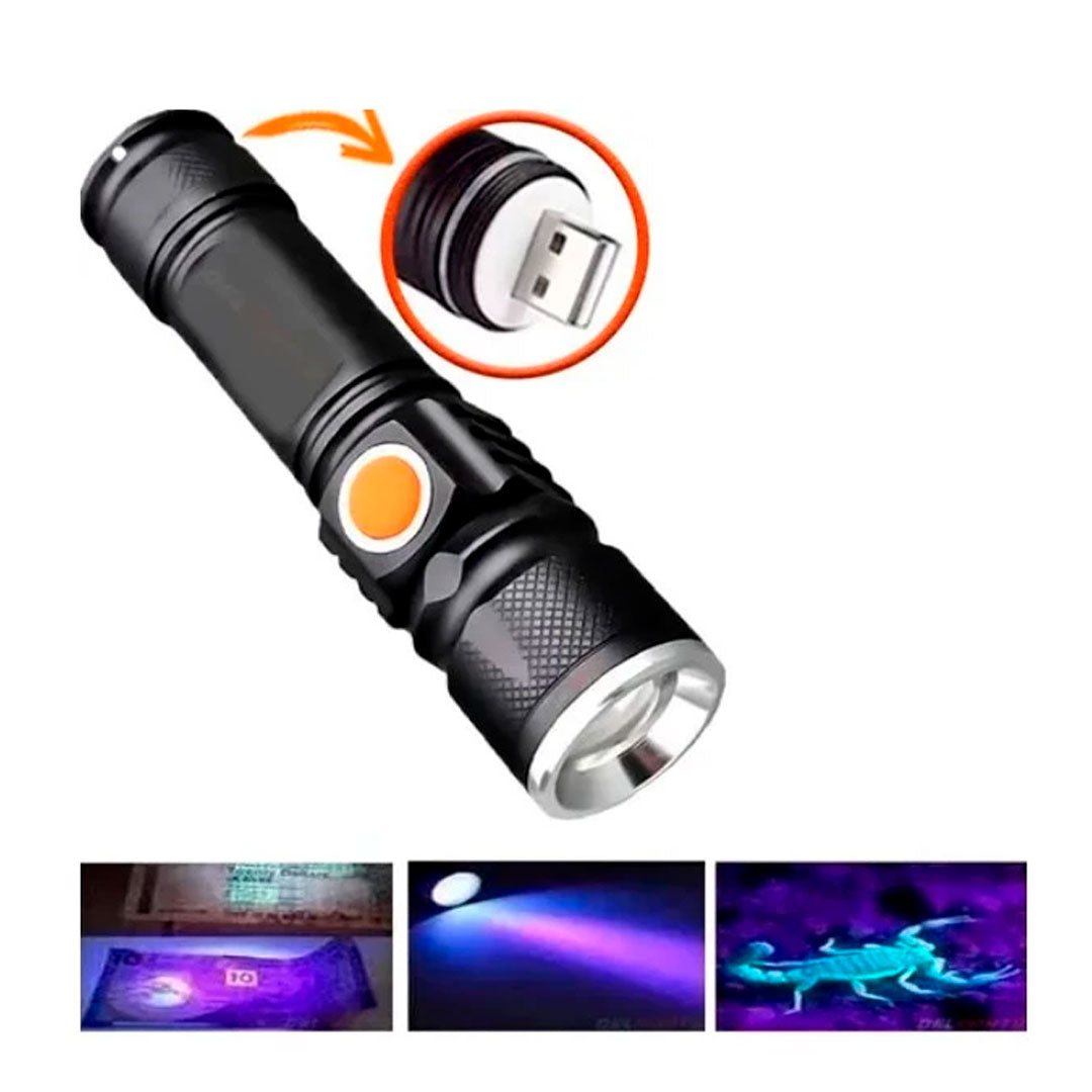 Lanterna LED UV compacta com corpo em alumínio preto, botão lateral e recarga USB. Emite luz ultravioleta ideal para detectar escorpiões, cédulas falsas e outras aplicações ocultas.