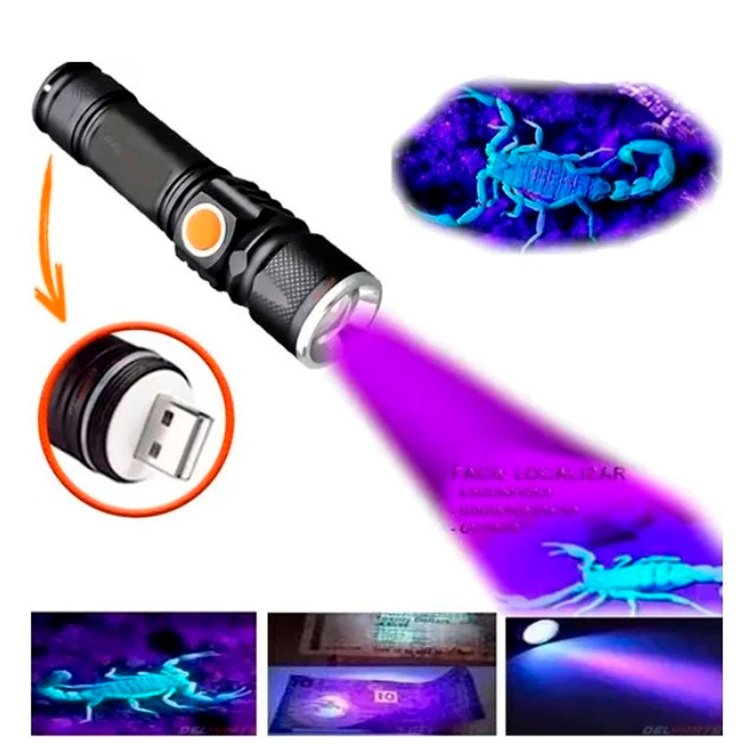 Lanterna LED UV compacta com corpo em alumínio preto, botão lateral e recarga USB. Emite luz ultravioleta ideal para detectar escorpiões, cédulas falsas e outras aplicações ocultas.