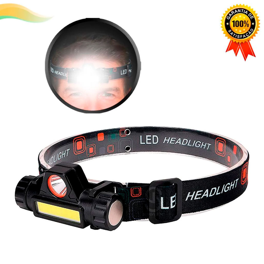 Lanterna de cabeça com faixa elástica ajustável, corpo em plástico preto com LED frontal e base magnética. Modelo leve e compacto com 2 modos de luz e inclinação ajustável.