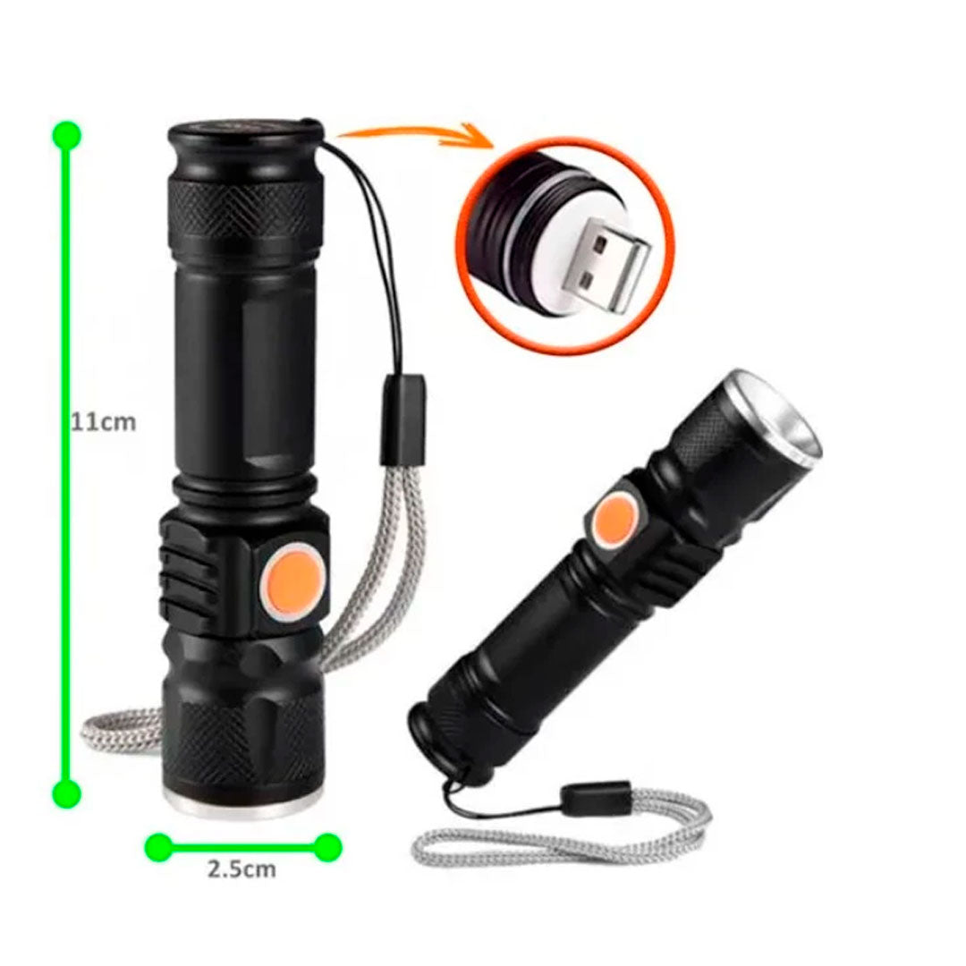 Lanterna LED UV compacta com corpo em alumínio preto, botão lateral e recarga USB. Emite luz ultravioleta ideal para detectar escorpiões, cédulas falsas e outras aplicações ocultas.