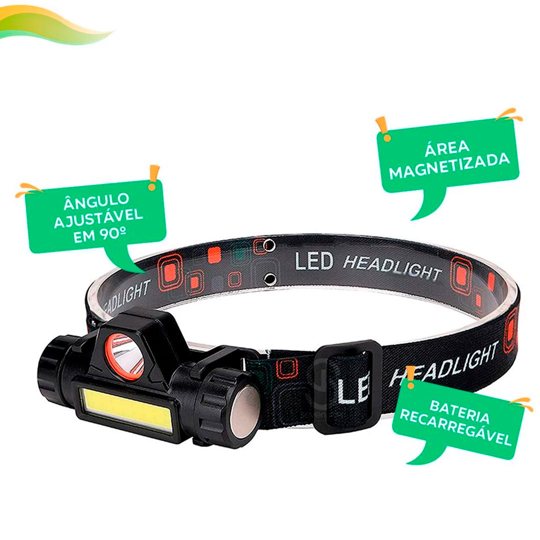 Lanterna de cabeça com faixa elástica ajustável, corpo em plástico preto com LED frontal e base magnética. Modelo leve e compacto com 2 modos de luz e inclinação ajustável.