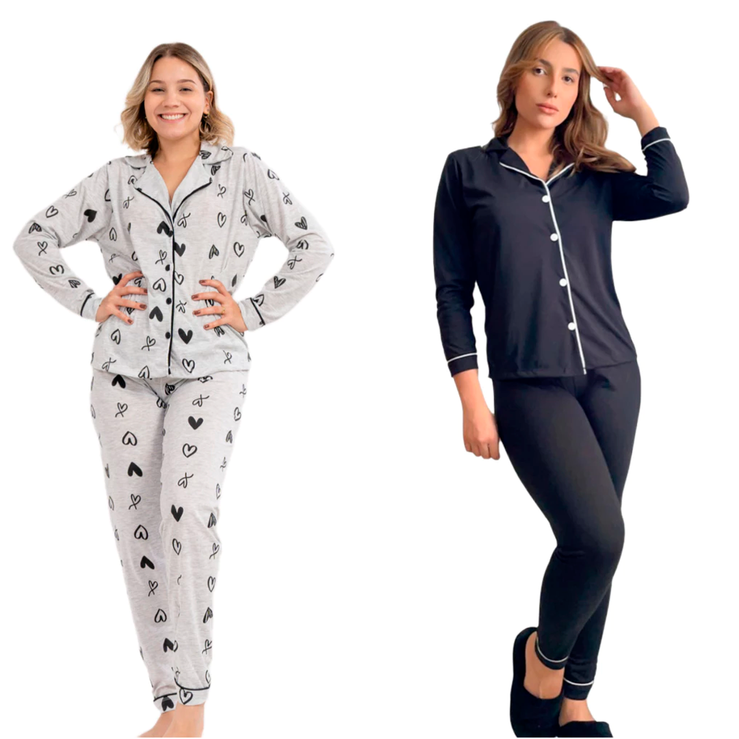 Kit de 2 pijamas femininos de inverno com camisa de manga longa, gola lapela e calça longa. Confeccionados em malha poliviscose leve, confortável e anti-pilling. Modelos com estampas variadas ideais para dormir ou relaxar em casa.