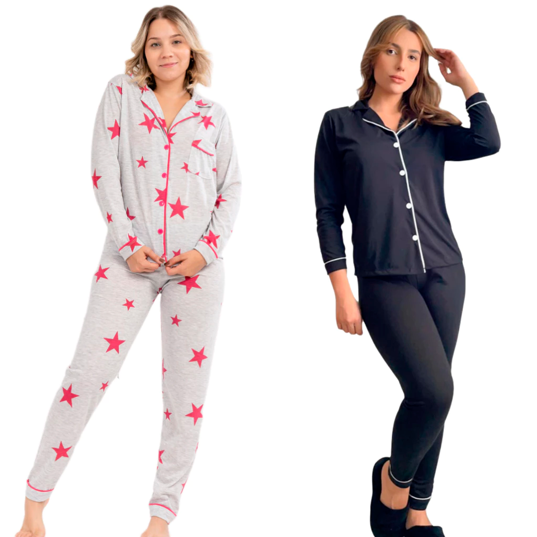 Kit de 2 pijamas femininos de inverno com camisa de manga longa, gola lapela e calça longa. Confeccionados em malha poliviscose leve, confortável e anti-pilling. Modelos com estampas variadas ideais para dormir ou relaxar em casa.