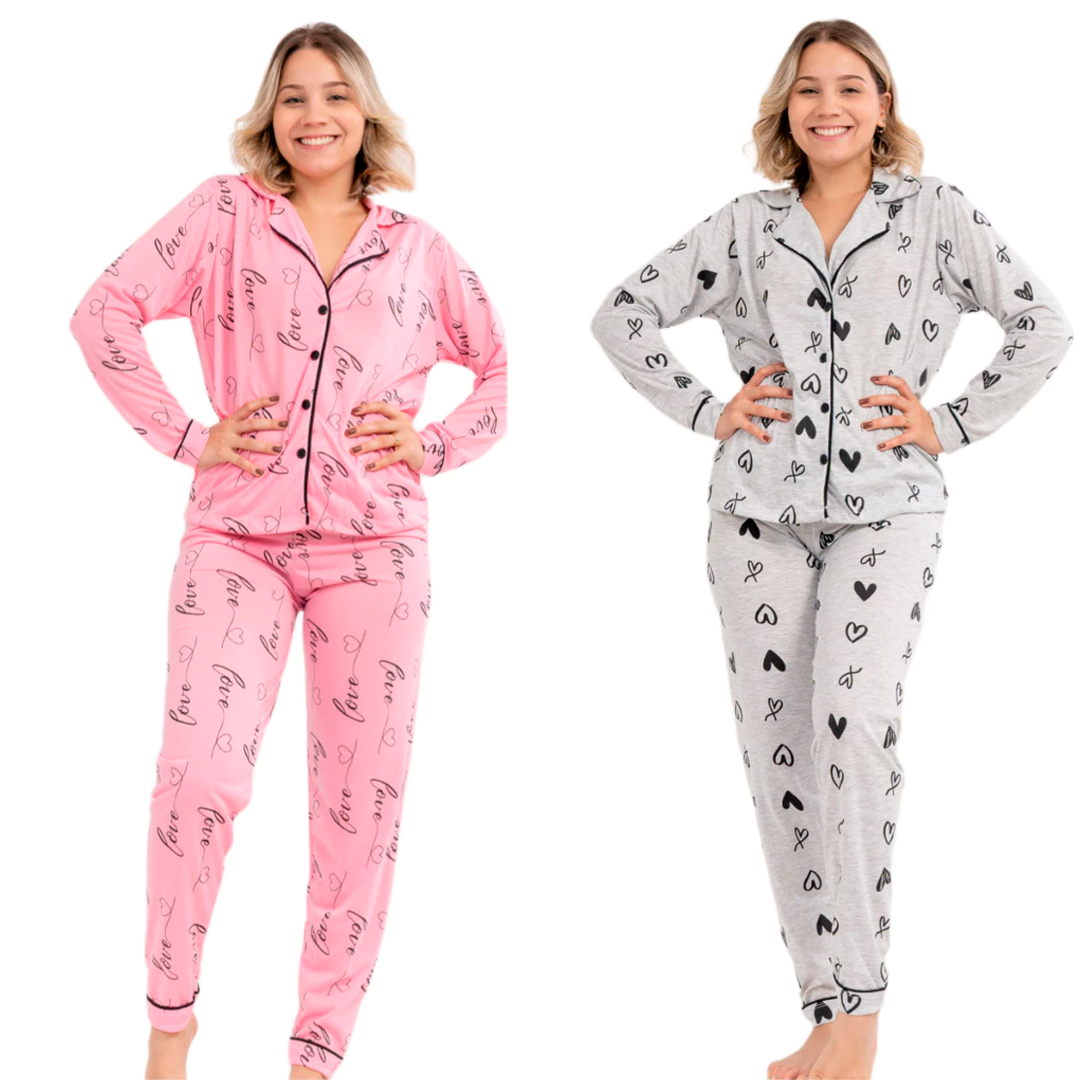 Kit de 2 pijamas femininos de inverno com camisa de manga longa, gola lapela e calça longa. Confeccionados em malha poliviscose leve, confortável e anti-pilling. Modelos com estampas variadas ideais para dormir ou relaxar em casa.
