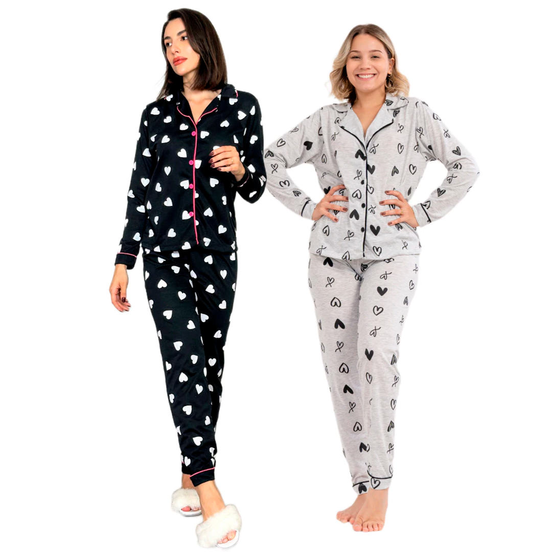 Kit de 2 pijamas femininos de inverno com camisa de manga longa, gola lapela e calça longa. Confeccionados em malha poliviscose leve, confortável e anti-pilling. Modelos com estampas variadas ideais para dormir ou relaxar em casa.