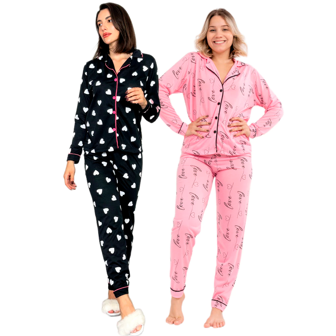 Kit de 2 pijamas femininos de inverno com camisa de manga longa, gola lapela e calça longa. Confeccionados em malha poliviscose leve, confortável e anti-pilling. Modelos com estampas variadas ideais para dormir ou relaxar em casa.