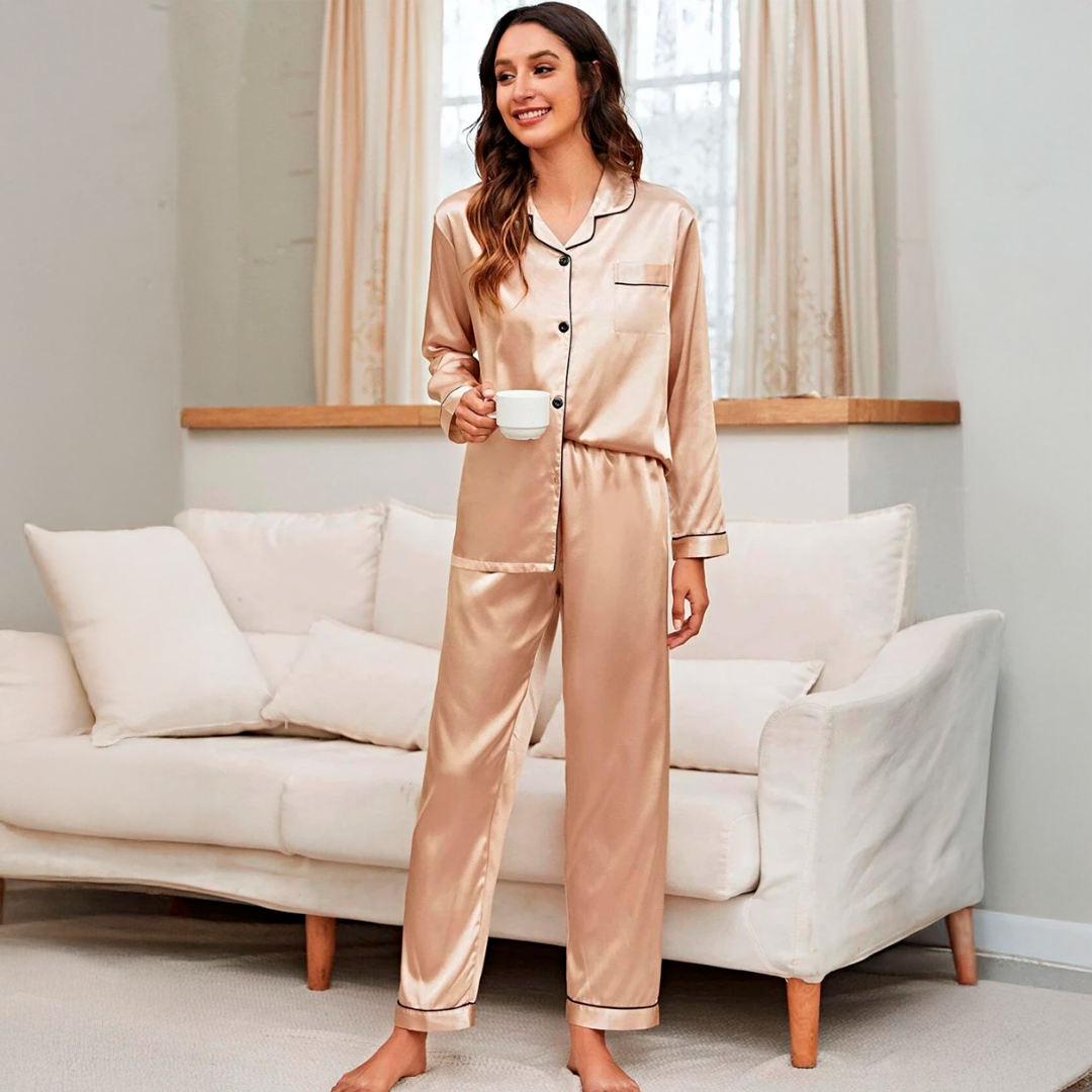 Pijama De Cetim Feminino De Inverno Luxuoso