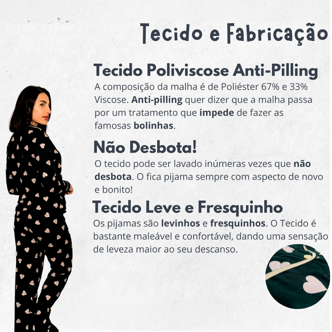 Kit de 2 pijamas femininos de inverno com camisa de manga longa, gola lapela e calça longa. Confeccionados em malha poliviscose leve, confortável e anti-pilling. Modelos com estampas variadas ideais para dormir ou relaxar em casa.