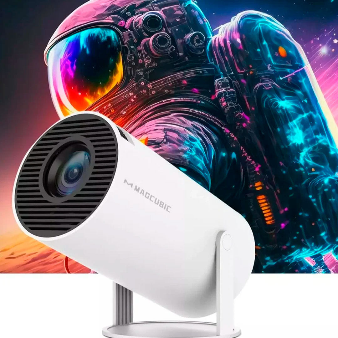 Kit com projetor portátil 4K HD, controle remoto, cabo de alimentação e manual. Modelo cilíndrico, branco, com conexões HDMI, USB e sistema Android integrado.